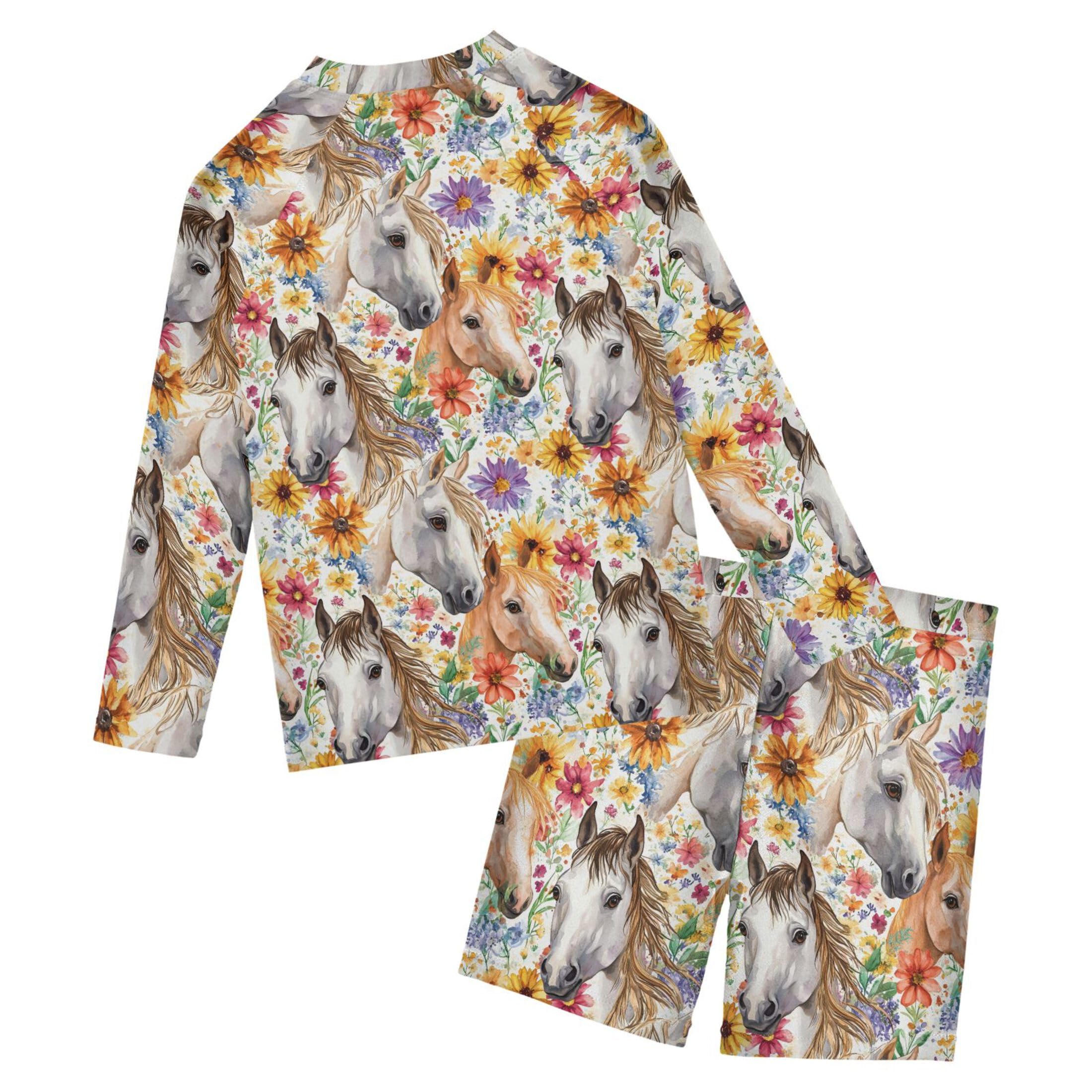 Horse Flowers Toddlers and Baby Boys' Swimsuit Trunk and Rashguard Set B0404835