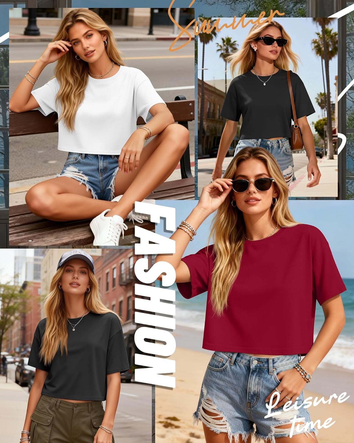 Ficerd 3 Pack Women Crop Tops Half Sleeve Cropped T Shirts Casual Crew Neck Drop Shoulder Loose Summer Solid Color - Image 2