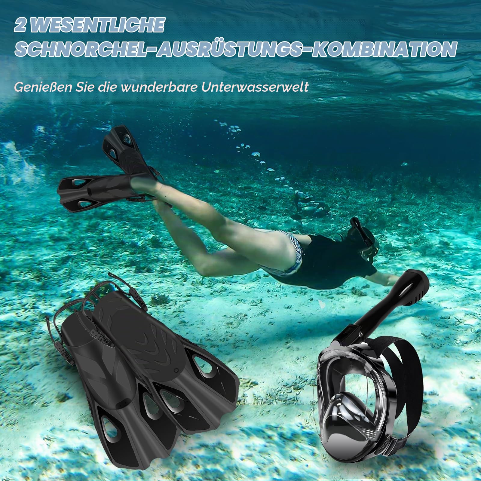 Joellfuner Schnorchelset Erwachsene mit Flossen, Tauchmaske Vollgesichtsmske, Kein Beschlagen, 180° Sichtfeld und Kamerahaltung, Einstellbar Flossen mit Etui, für Schnorcheln Tauchen