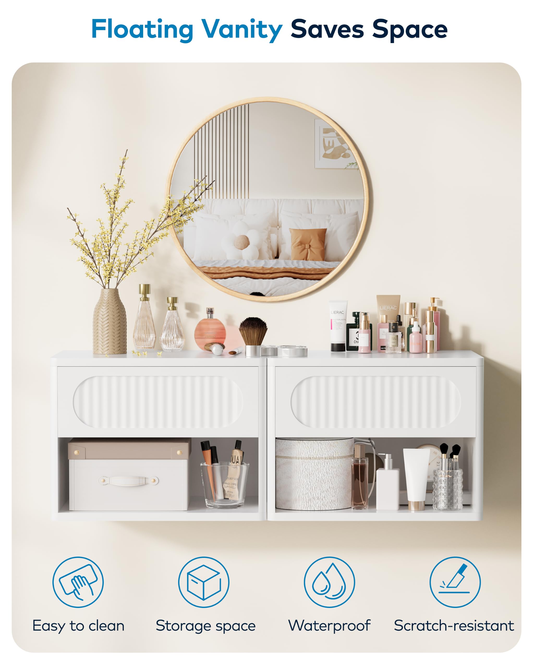 Nachttisch Hängend 2er Set, Nachtschrank Holz, Schwebendes Wandregal, Seitentisch Kleiner Moderner mit Schublade & Offener Raum für Schlafzimmer Wohnzimmer, Weiß