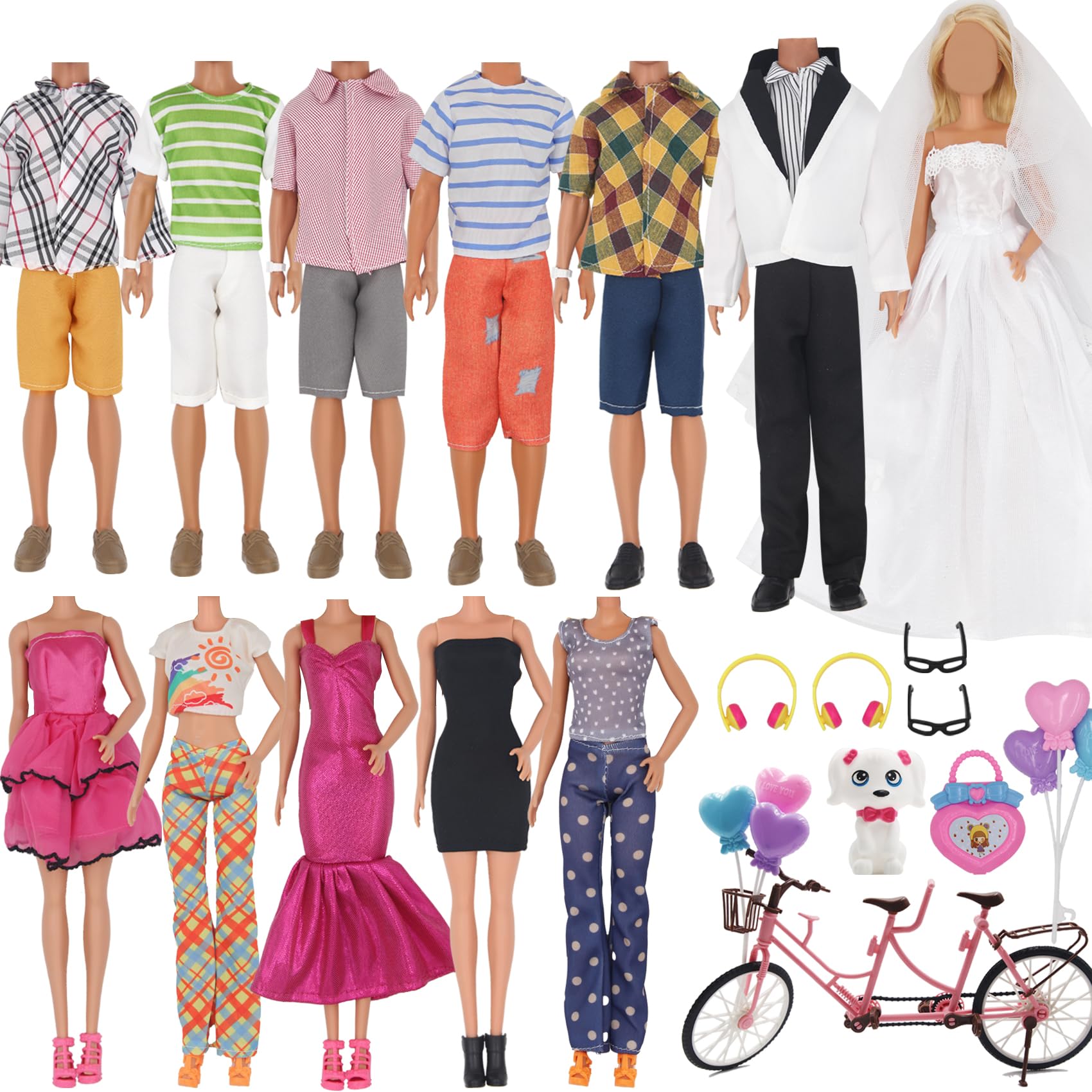 EuTengHao 30Pcs Doll Clothes and Accessories for 12 inch Boy and Girl Doll Includes 12 Set Wear Clothes Jeans and Wedding Dresses Tandem Bike Glasses Dog Bag and Colorful Balloons for 12 Inch Dolls