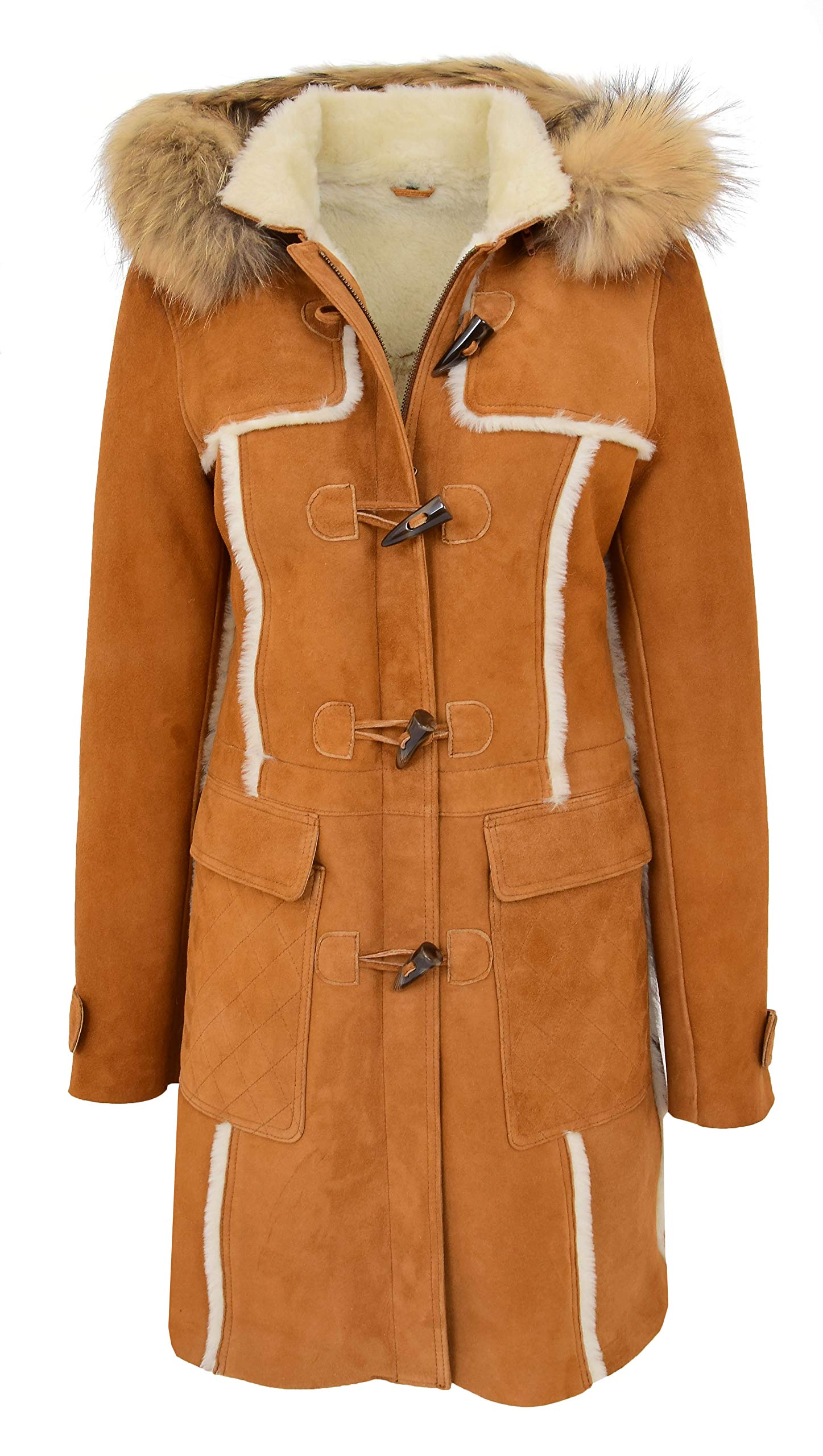 House Of Leather Womens Real Sheepskin Coat 3/4 Length Duffle Hooded Parka Beth (12, Tan)