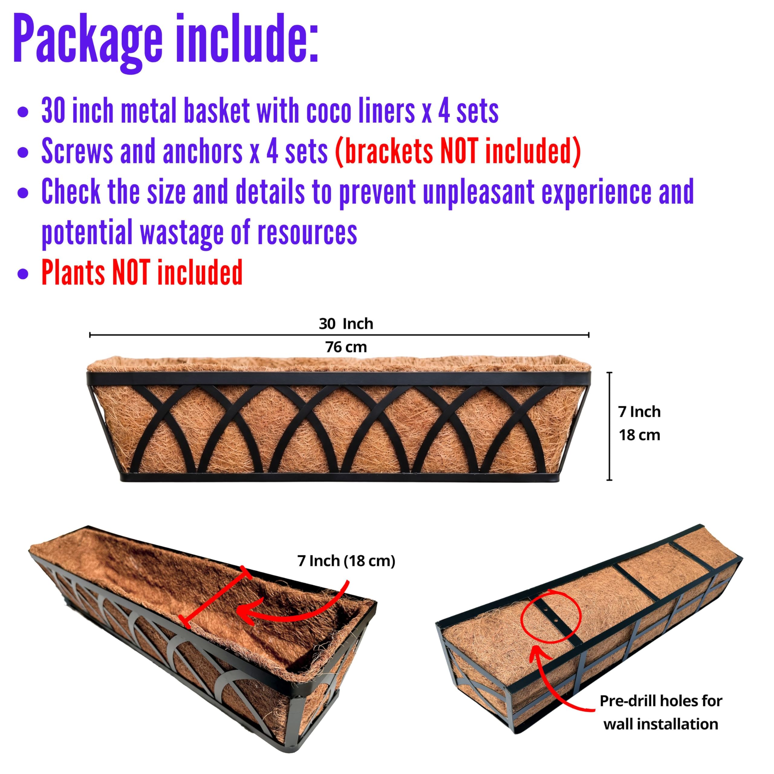 LáLáGreen Jardineras para Barandilla 4 Pack, 76 cm, Cajas Grandes para Plantas de Exterior con Forro de Coco, Maceteros de Metal para Balcón, Valla, Terraza y Patio