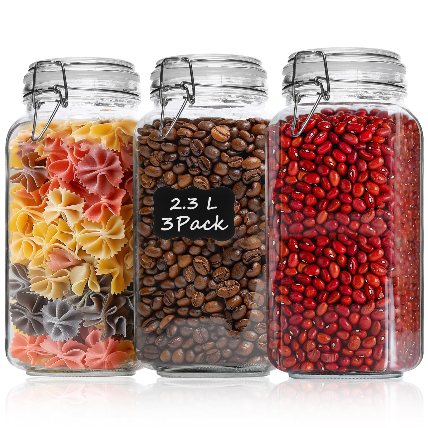 ComSaf Glass Food Storage Jar with Airtight Lid 2.3L/78OZ Set of 3, Storage Canister Container Square with Clear Preserving Seal Clip Fastening for Kitchen and Pantry Organization Cereal, Coffee