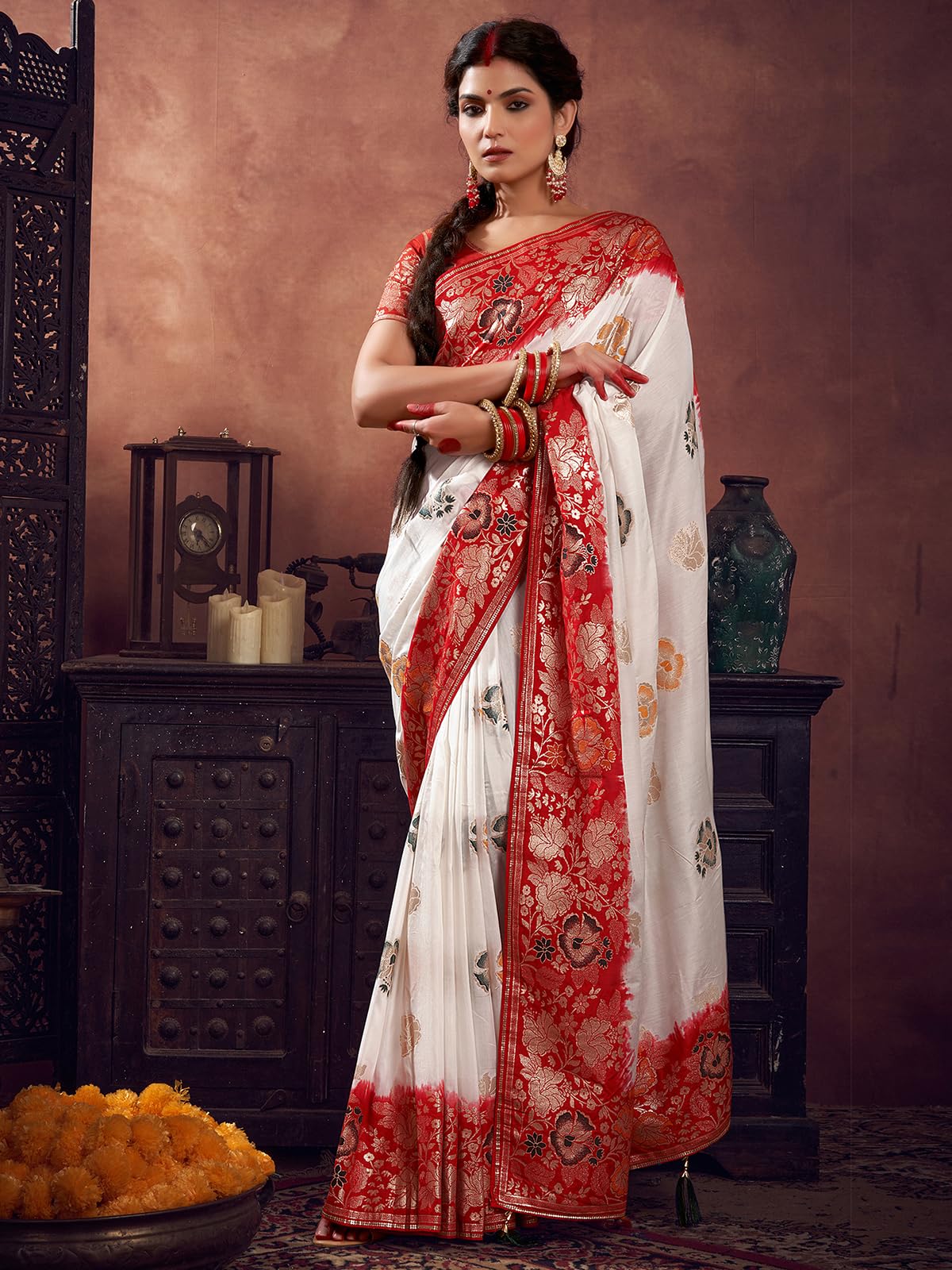 Satrani Women's Navratri Special Cotton Silk Banarasi Jacquard Durga Puja Special Bengali Saree With Unstitched Blouse Piece (3879S102N_White & Red2)