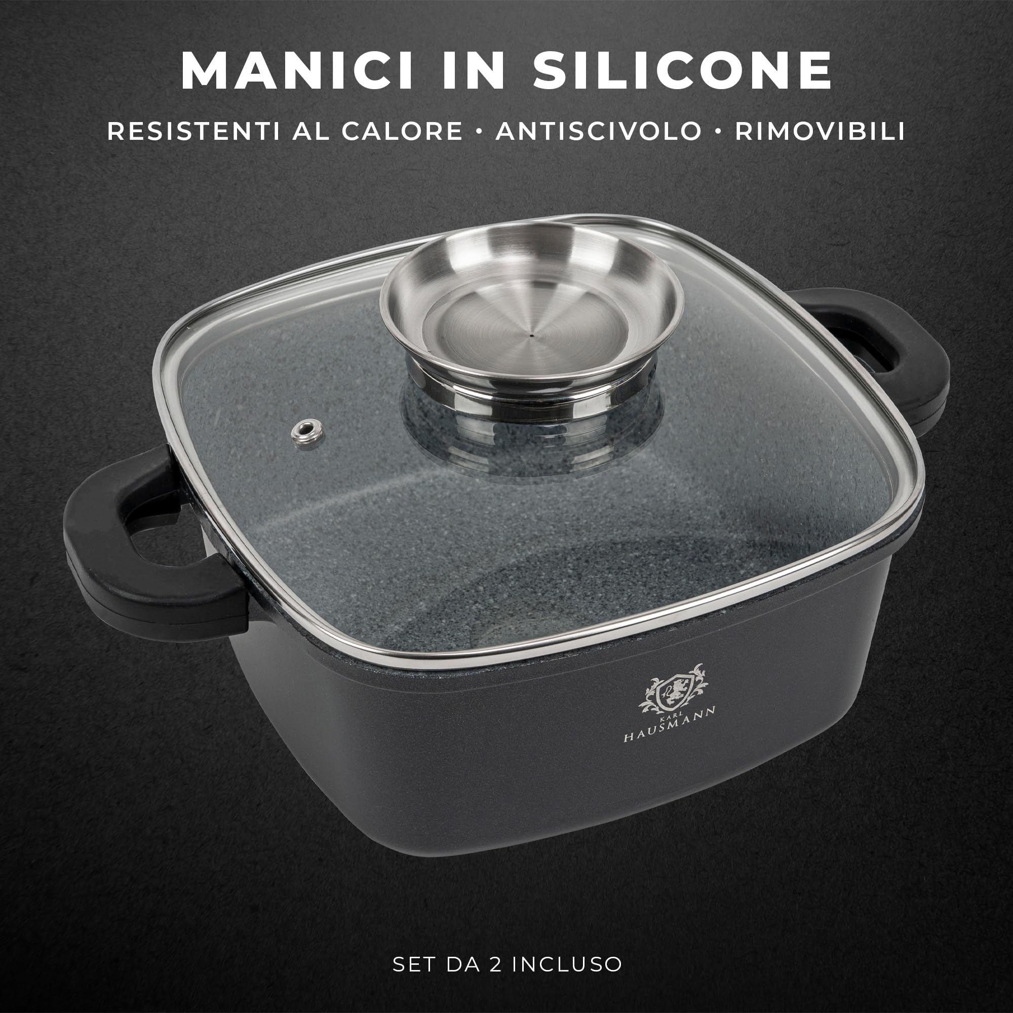 KARL HAUSMANN Pentola Antiaderenti 24 cm 4,4L con Coperchio - Quadrata Casseruola Induzione Antiaderente GREBLON C3, Tegame in Alluminio Pressofuso per Carne e Brasati, Forno, Manici Silicone