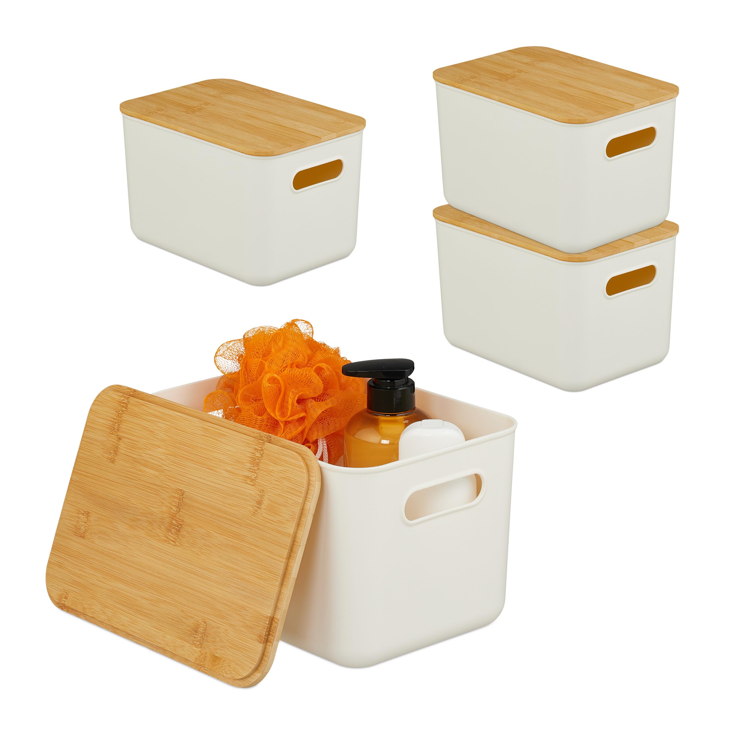 Relaxdays Caja de Almacenamiento con Tapa, Set de 4, plástico y bambú, Asas, 16x26x17.5 cm, Blanco