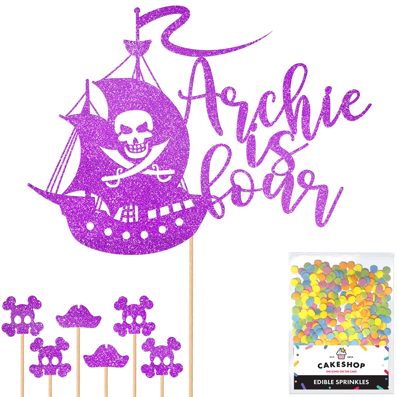 Personalised Birthday Pirate Ship Glitter Cake Topper- Purple Any Custom Age & Name Glitter Cake Decoration and Sprinkles - Happy Birthday Decorations - Personalised Toppers for Cakes by Cakeshop