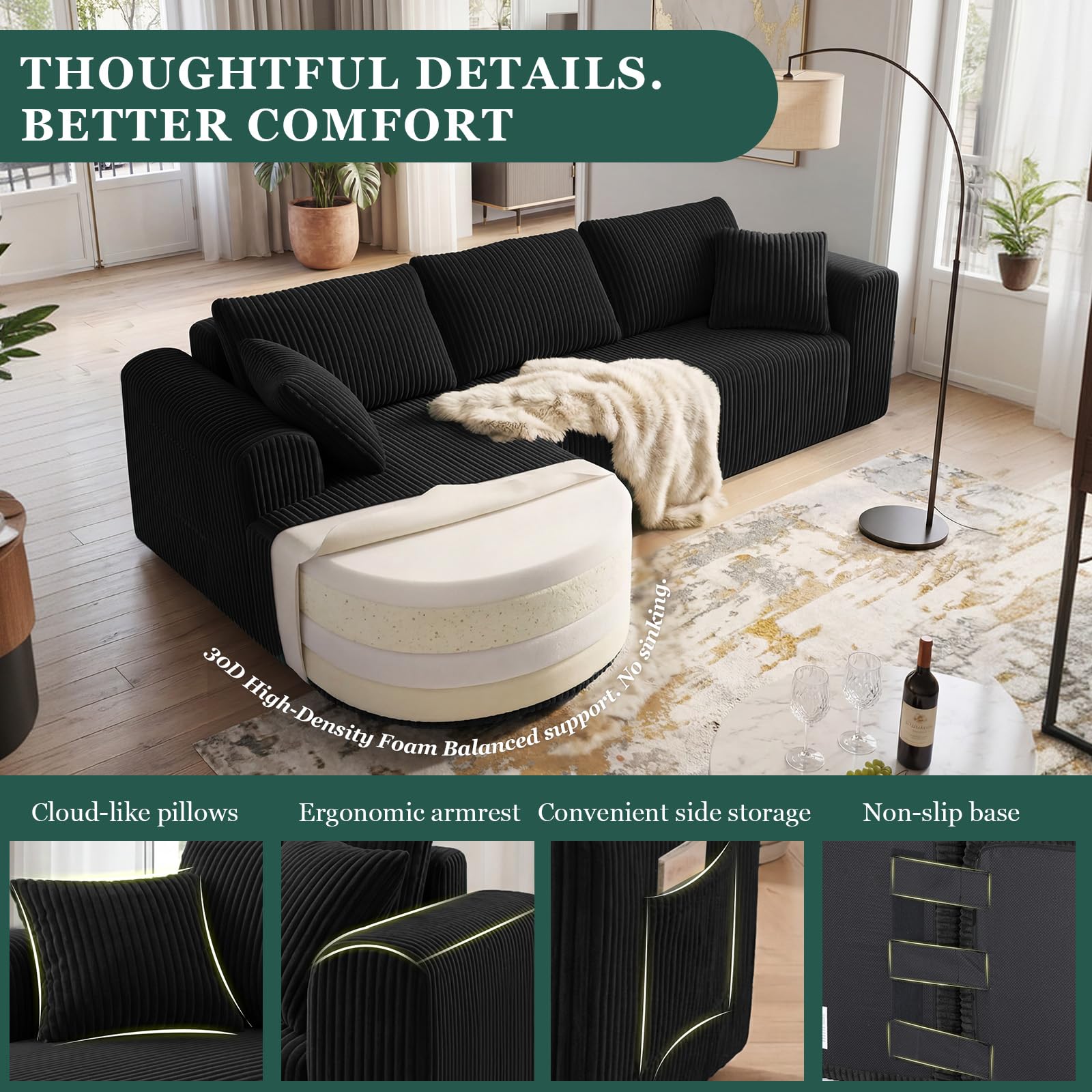 COMHOMA Sofá esquinero con función de dormir, 243 cm, sofá modular sin boneless con chaise longue, sofá cama seccional con cojines y bolsillos laterales, sofá para salón, sin montaje, color negro
