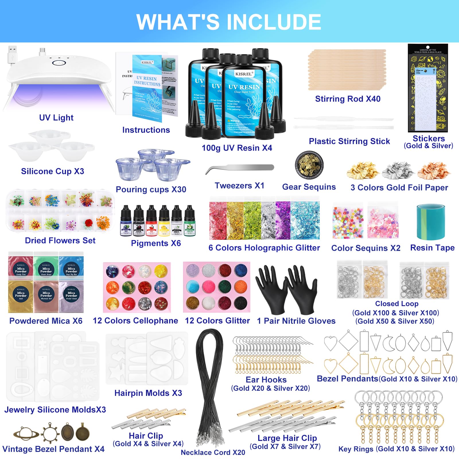 UV Resin Jewelry Making Kit, 400g Crystal Clear Resins with Light and Molds, DIY Jewelry Making Resin Kits, Resina Starter Kit for Keychain, Hair Clip and Earring