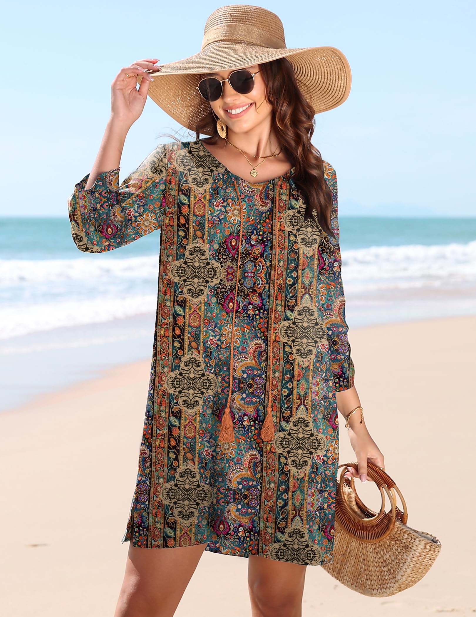 Zeagoo Letnia sukienka damska, sukienka w stylu boho, rękaw 3/4, tunika, sukienka mini, luźna tunika, sukienka na czas wolny