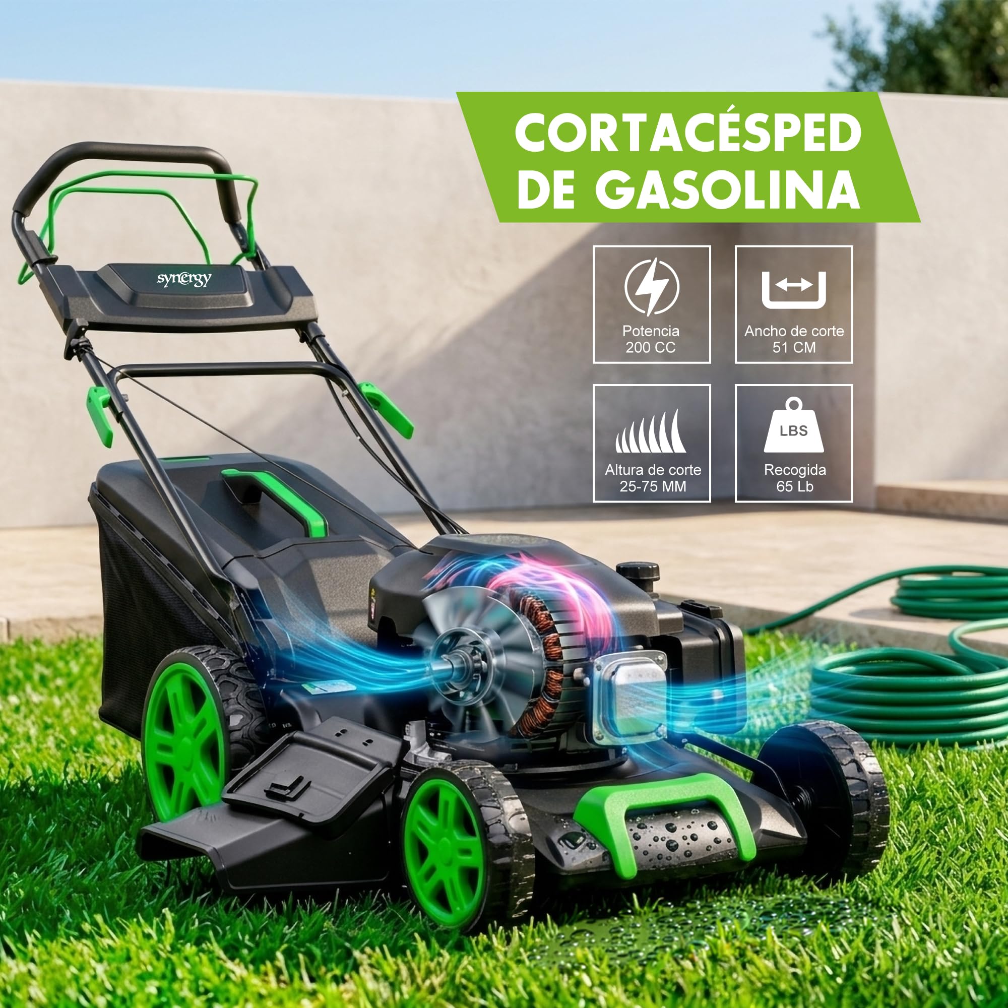 Cortacésped Gasolina autopropulsado 200cc 51 cm con Mulching y Saco 65l, chasis metálico Reforzado. Corta césped rápidamente sin Esfuerzo con su tracción Trasera. cortacésped Gasolina Profesional