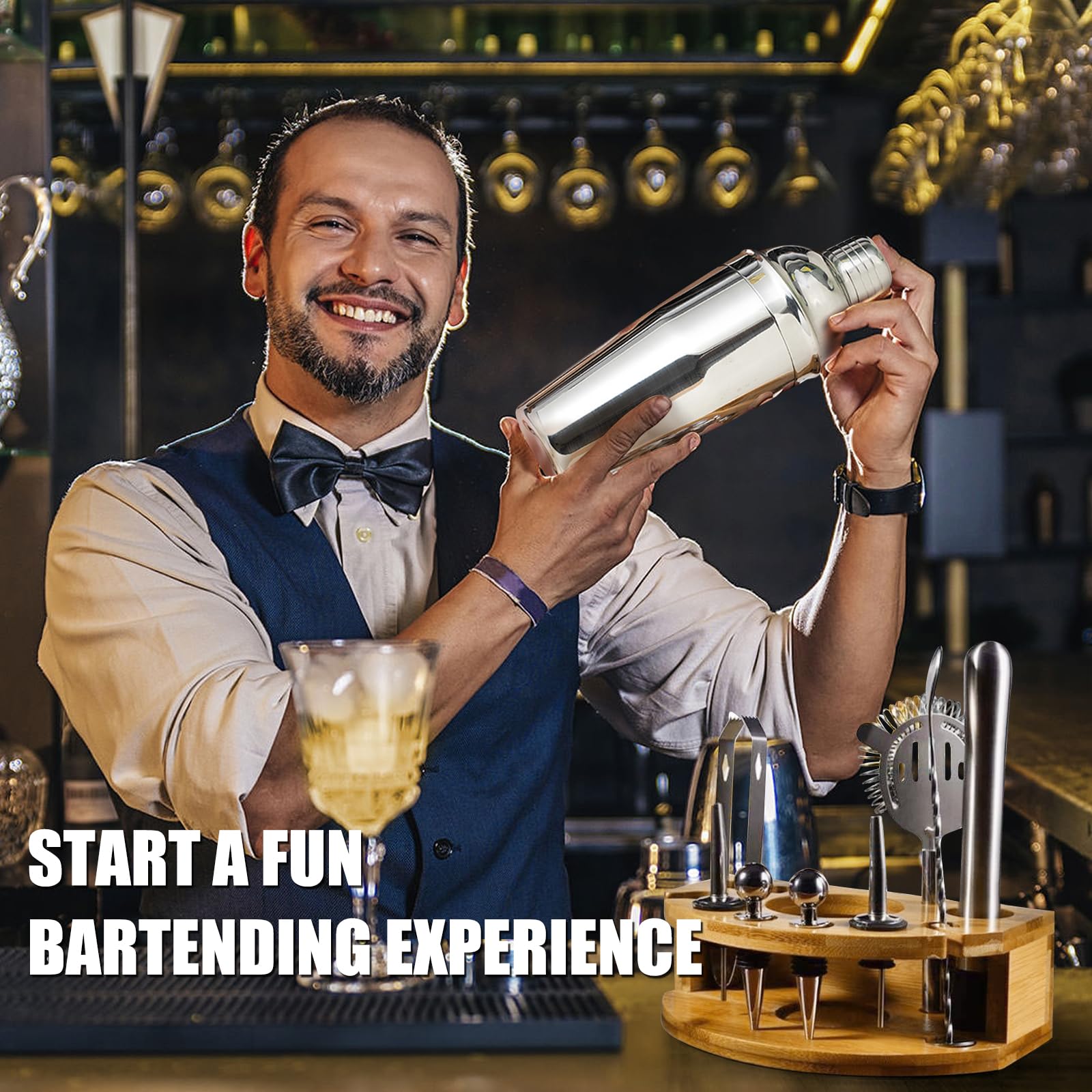 AOKITO Cocktail Set, Coctelera Profesional de Acero Inoxidable de 12 Piezas, Coctelera de 750 ml, Kit Cocktail de Barman con Soporte de Madera para El Hogar o El Bar