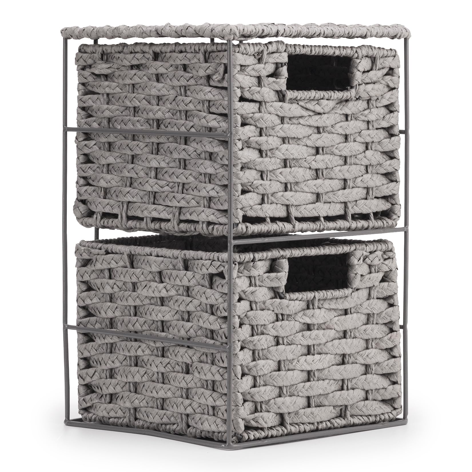 EHC Drawers Storage Unit Baskets, 2 Drawer Wicker Hand-Woven Storage boxes Shelves, Ideal For Organising Home or Office - Grey 20 x 22 x 33 cm
