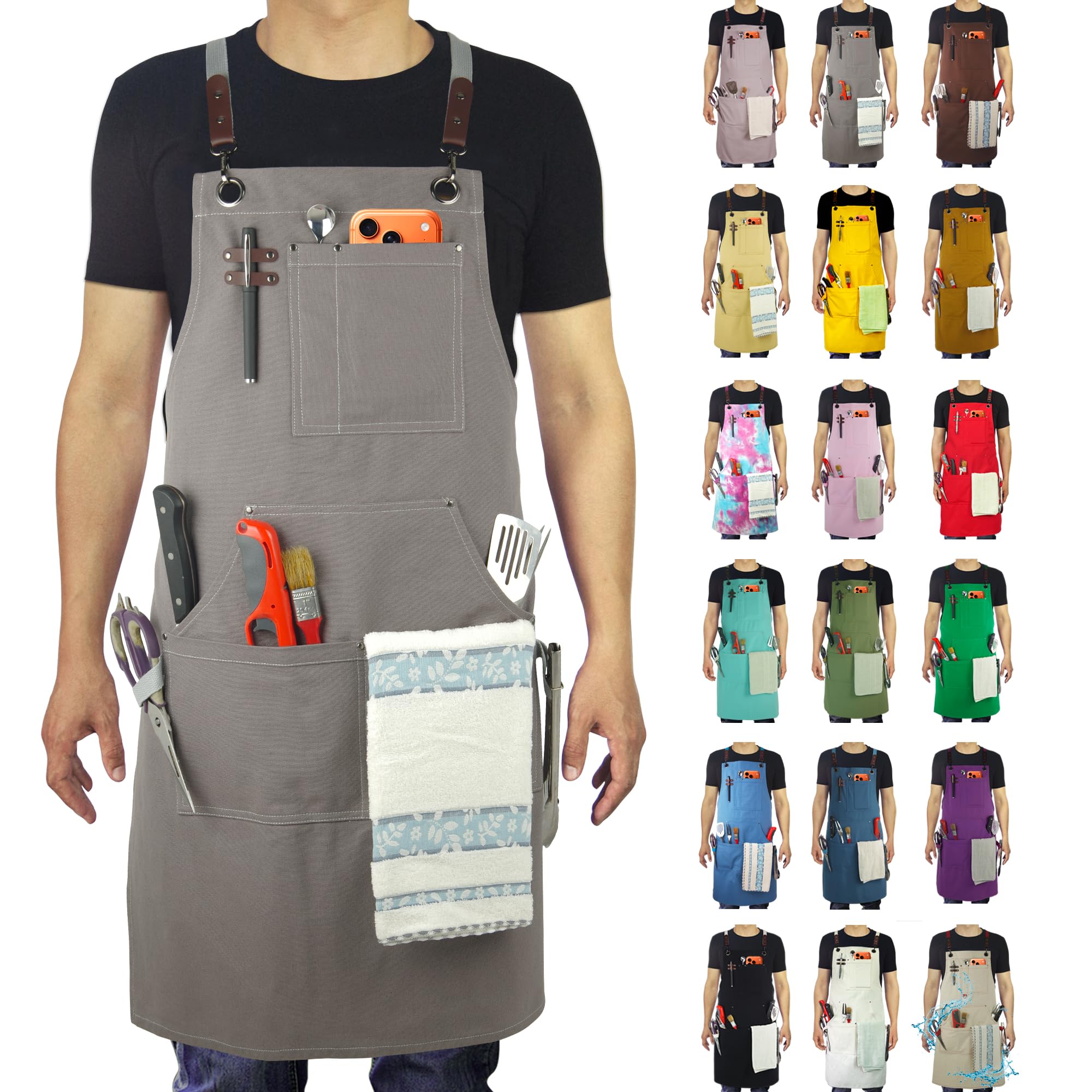 Stenffy Kitchen Apron, Work Apron, Canvas, Multiple Pockets, Gardening, Painting, BBQ, Carpenter, Artist, Sizes M to XXL,Dark Gray