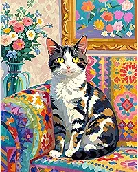 Fountor Kit de pintura de gato por números para adultos iniciantes, kits de pintura de gatos adultos por números em tela sem moldura, pintura a óleo de flores de gato por números para presente de