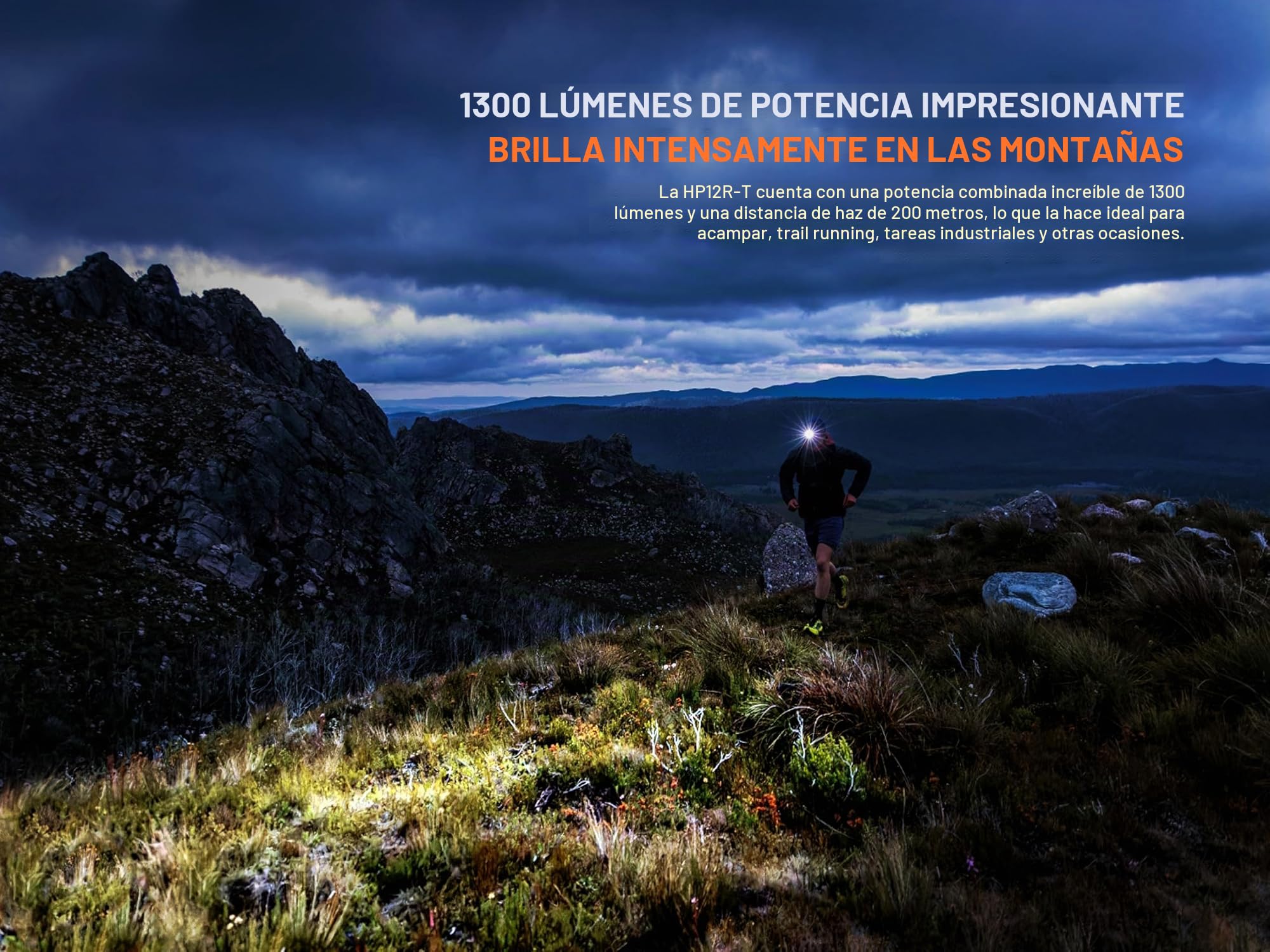 Fenix HP12R-T - Linterna frontal recargable negra para correr y exteriores, 1300 lúmenes, 200 m, 310 horas máximo, luz blanca fría + haz puntual blanco cálido, carcasa de batería trasera con luz de