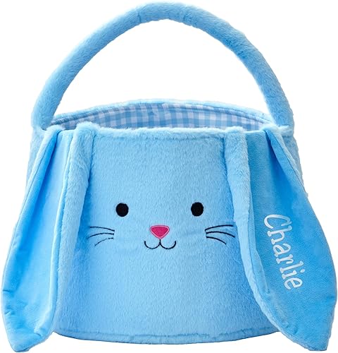 Let's Make Memories Cesta de Pascua personalizada, peluche de conejo, orejas de guinga azules, cesta de Pascua para niños