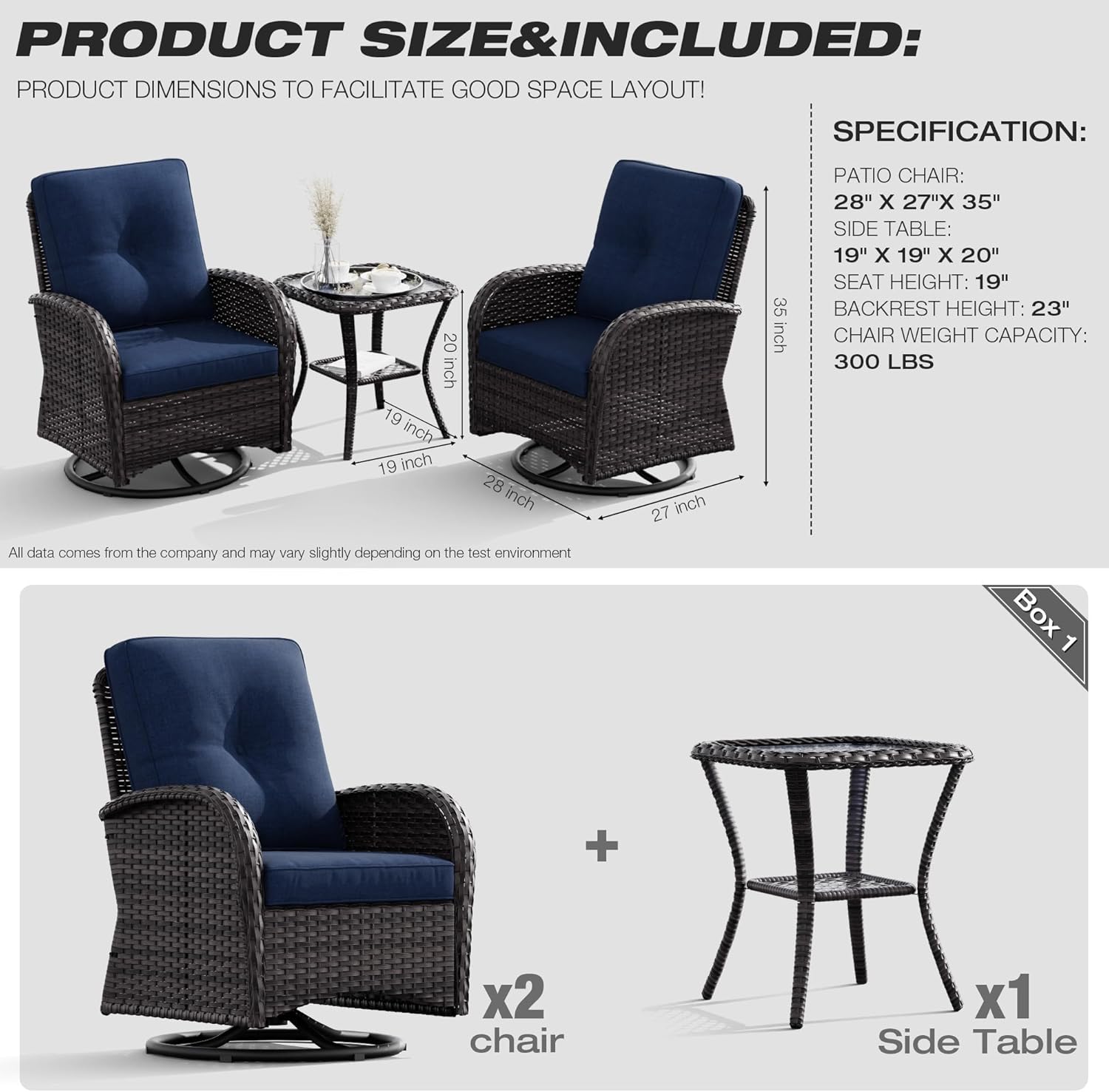 Joyside Patio Swivel Rocker Wicker Chairs - Outdoor Swivel Rocking Chairs Set of 2 with Wicker Side Table, Patio Swivel Rocker Chair 3 Piece Patio Furniture Sets for Porch Deck(Brown/Blue)