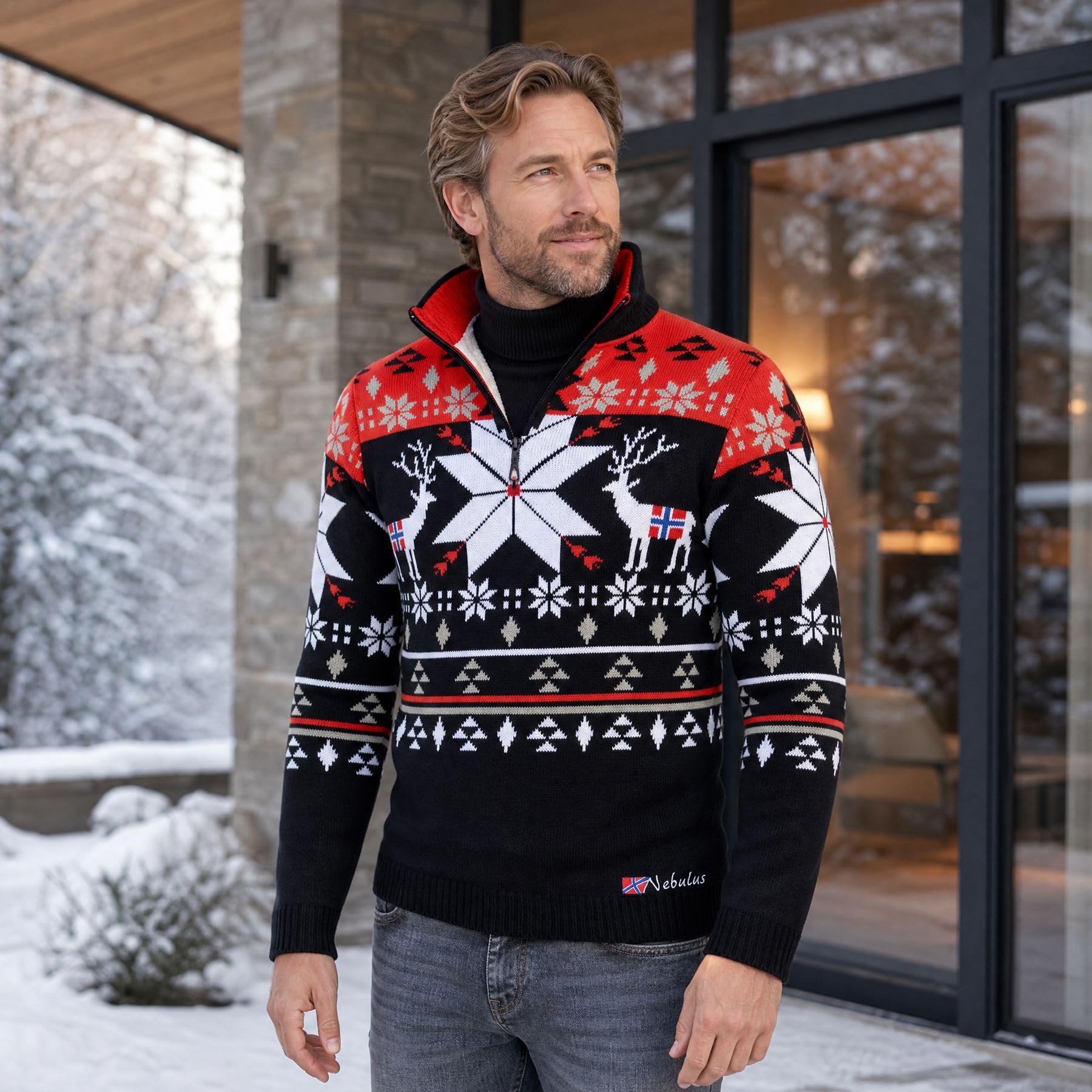 Nebulus Herren Strickpullover Fria, Warmer Strick Pullover mit Kunstfell & Stehkragen, Pulli mit Reißverschluss im Norweger Look