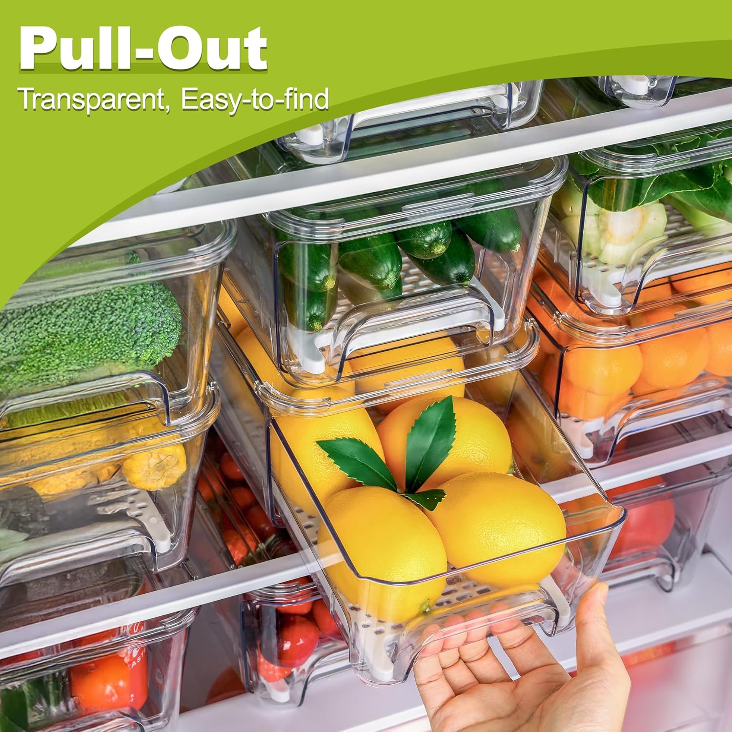 6-Pack Fridge Drawer Organizer, Pull-out Stackable Refrigerator Organizers and Storage, Clear Fruit Storage Containers Bins with Drain Tray for Kitchen Cabinet, Pantry Organization - Image 2