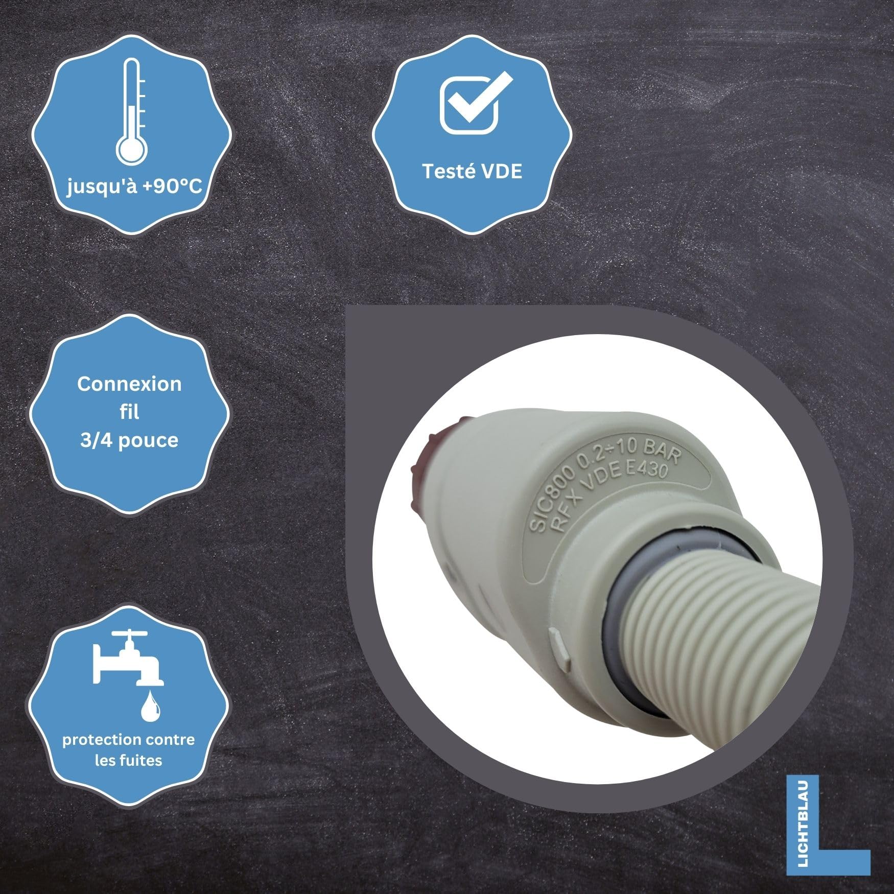 LICHTBLAU Tuyau Aquastop mécanique 4 m 3/4 pouce filetage métal tuyau alimentation sécurité lave linge lave vaisselle VDE valve sécurité non électronique