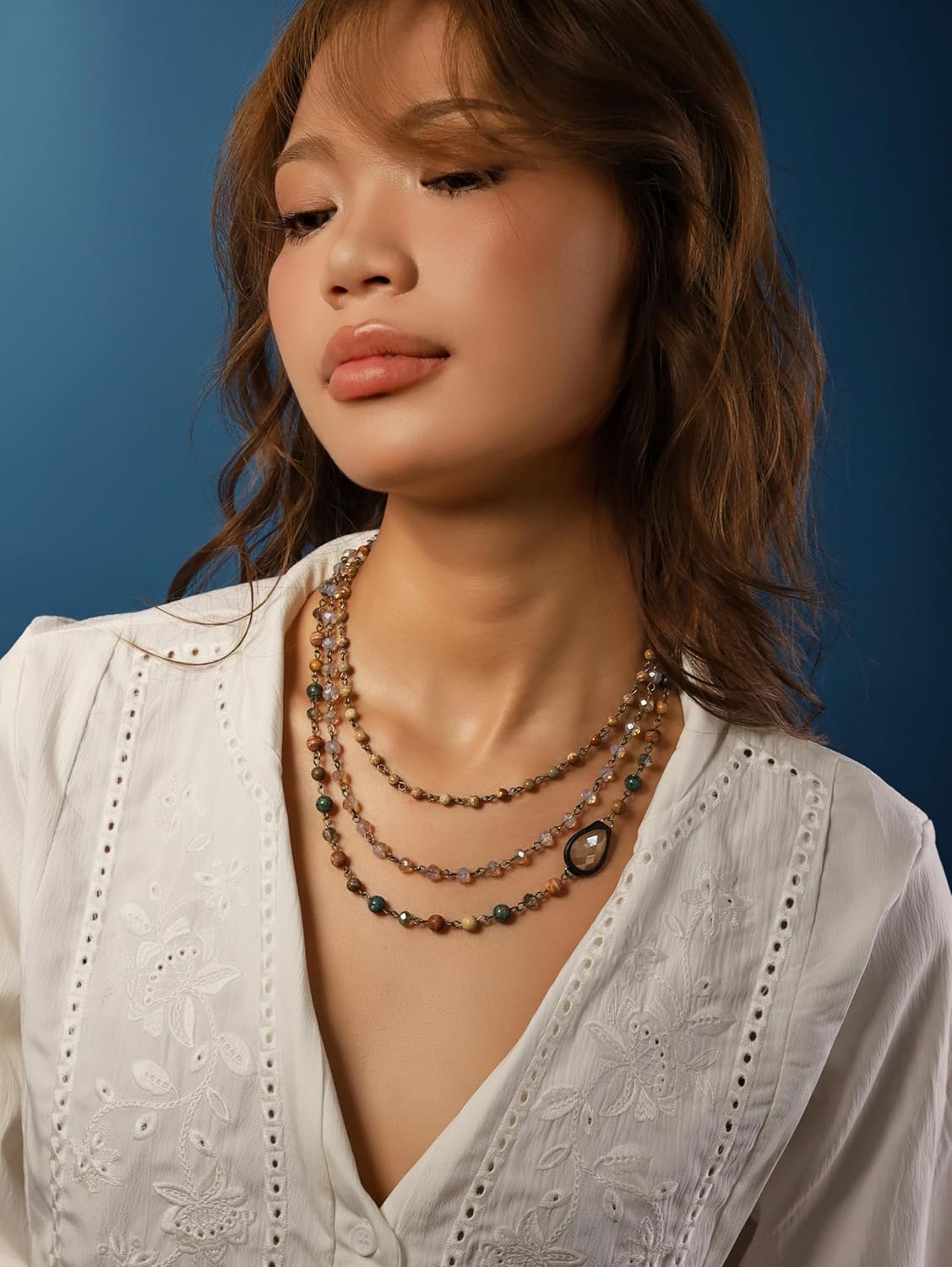 MINACHI Boho Multi Layer Necklace with Green Stone Beads, Handmade Beaded Chain Necklace, Vintage Hippie Jewelry for Women - Image 3