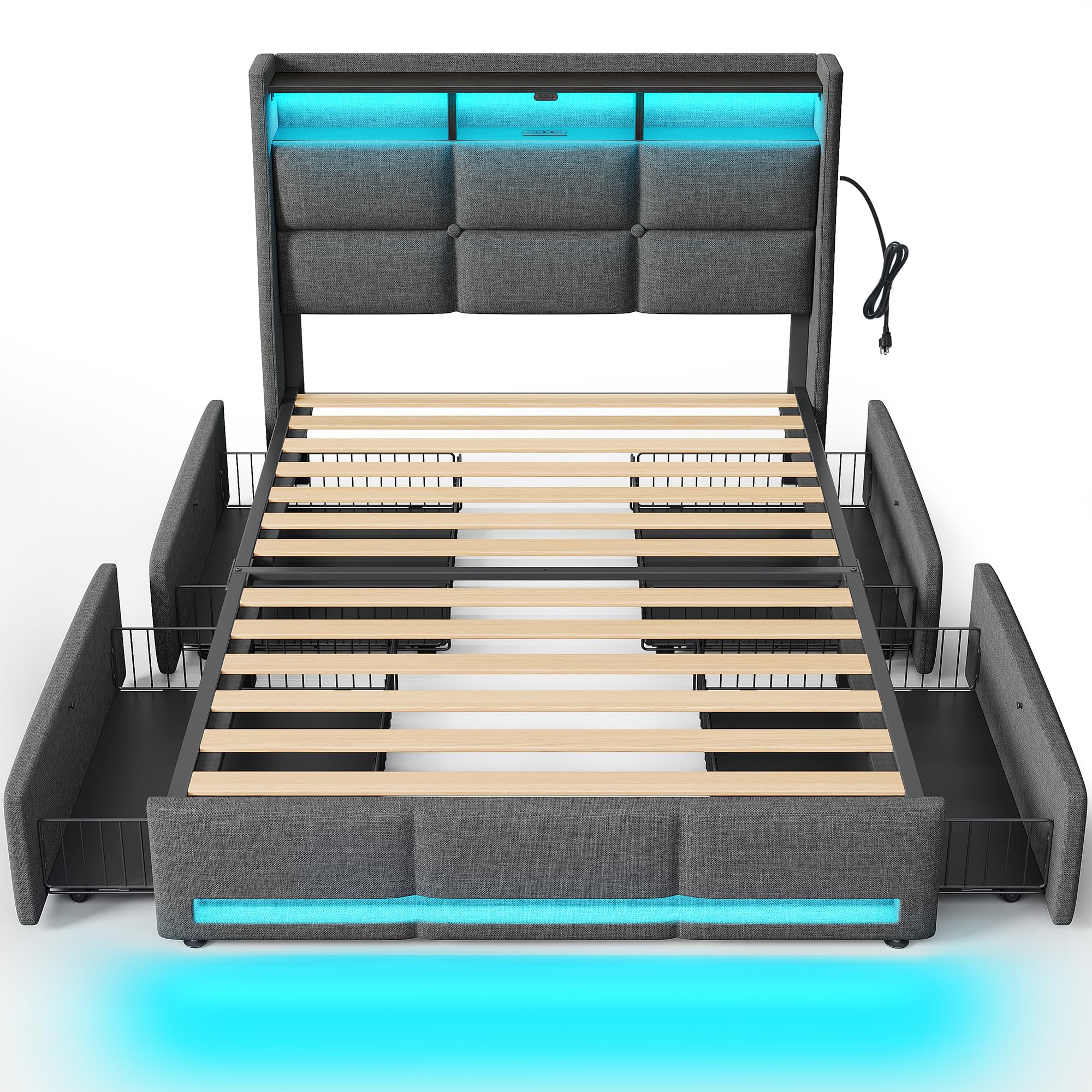 Rolanstar Twin Size Bed Frame with RGB LED Lights & Charging Station, Upholstered Storage Headboard with 4 Drawers, Heavy Duty Metal Frame, No Box