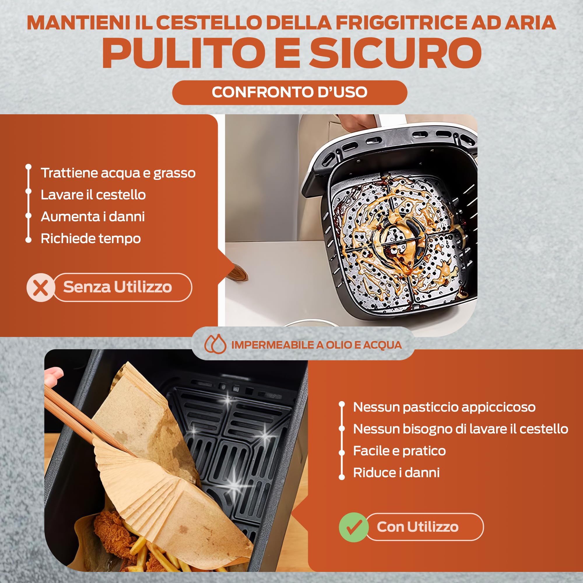 PORTENTUM Carta forno per friggitrice ad aria, 100 unità quadrate 20–24 cm, adatte a modelli 5–8 L. Certificata BPA Free, FDA e LFGB