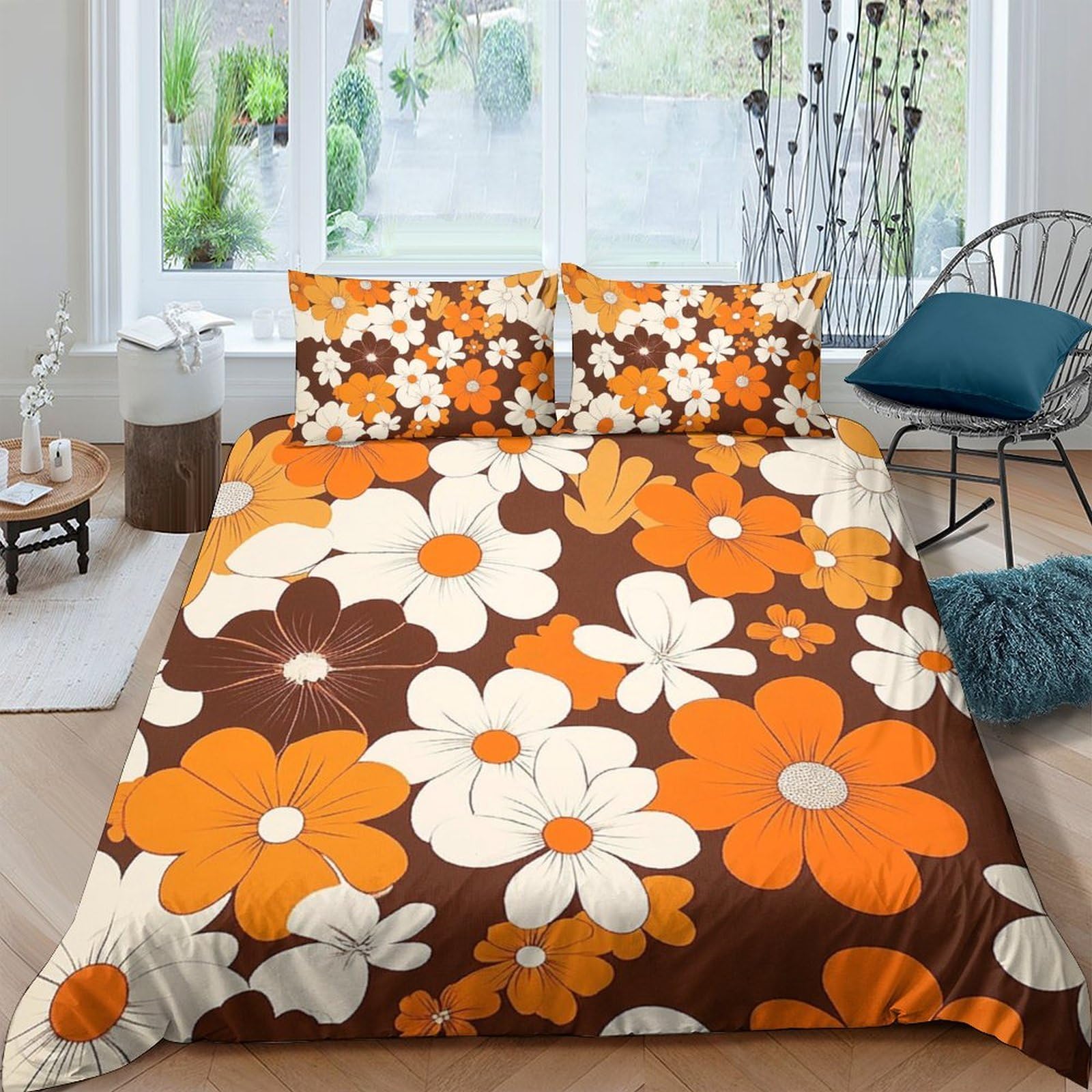 Ctjqhvkz Style-9 3D Printed Orange Daisy Fitted Sheet Microfiber Brown Floral Bed Cover For Bedroom Guest Room Mattress Decor Single（135X200cm）