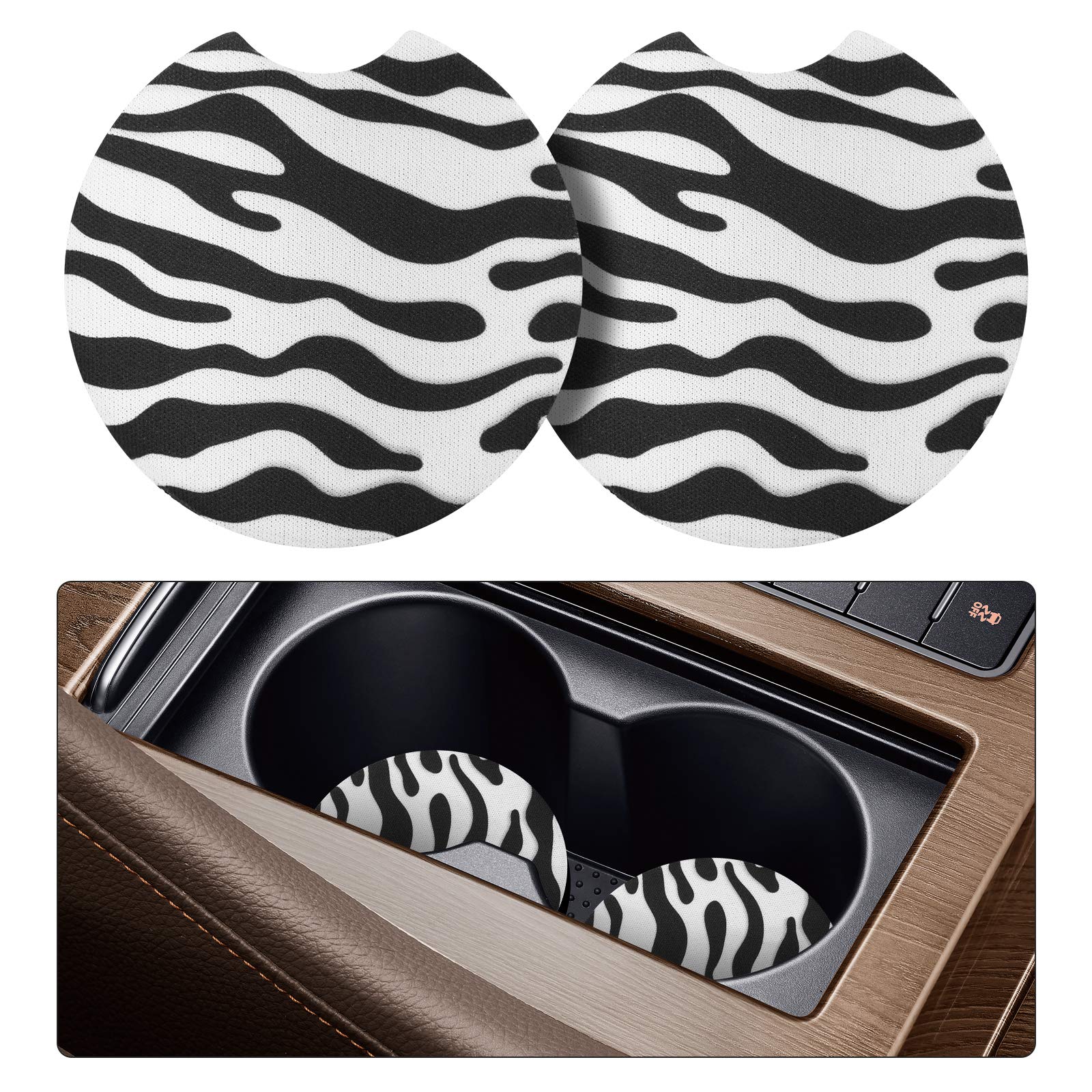 tifanso 2 Pack Car Coasters for Drinks Absorbent - 2.75 inch Car Cup Holder Coasters, Zebra Rubber Coasters, Removable Universal Neoprene car Coasters for Women, Cute Car Auto Interior Accessories