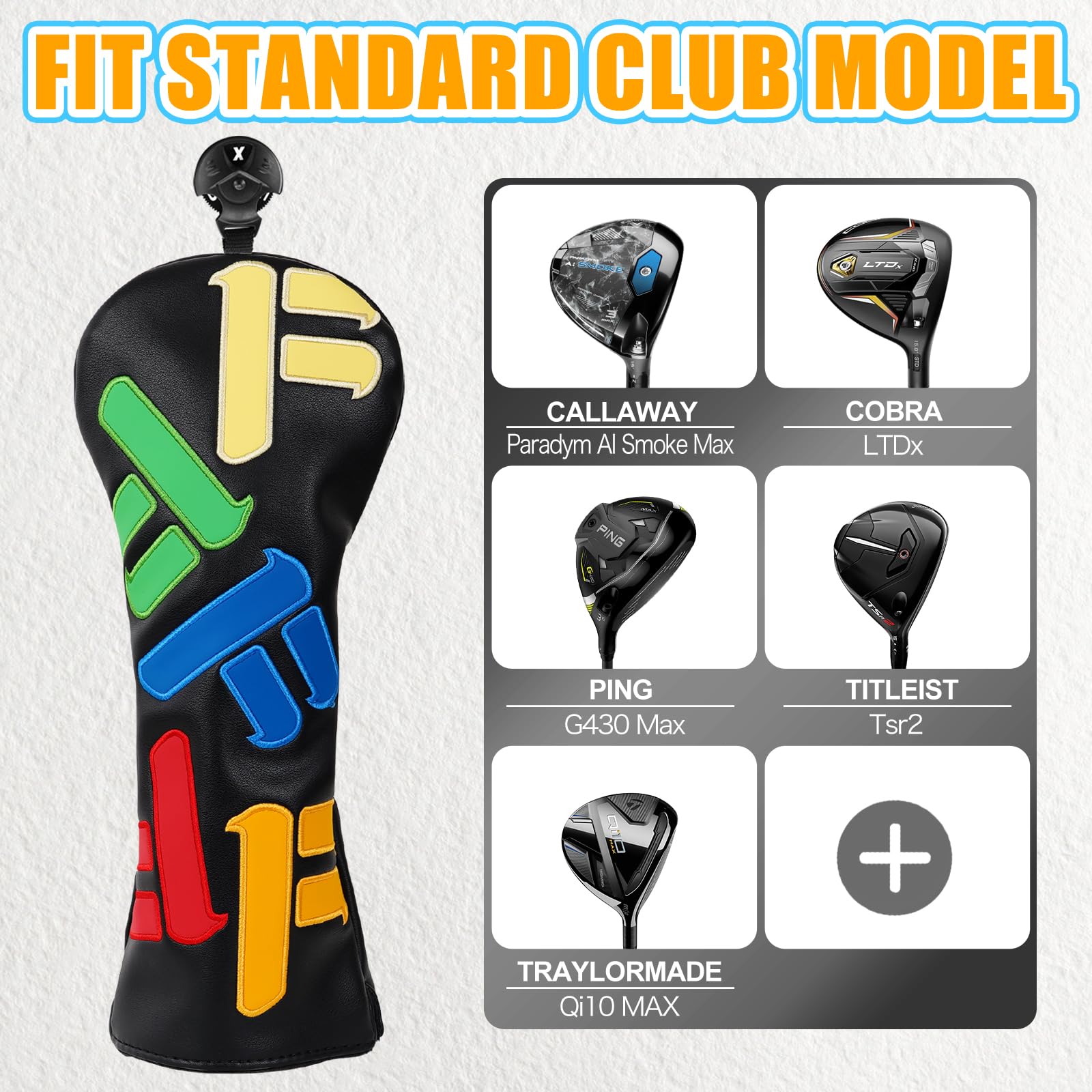 Copritesta in legno per mazze da golf, per driver/fairway/ibrido 1FH chiusura elastica nera in pelle PU con testo multicolore