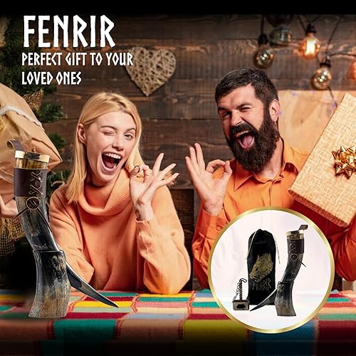 Miniatura 6 de FENRIR Cuerno vikingo con soporte de 16 onzas  Regalos para hombres, papá, esposo  Taza de cuerno de buey natural con abrebotellas Thor y funda de