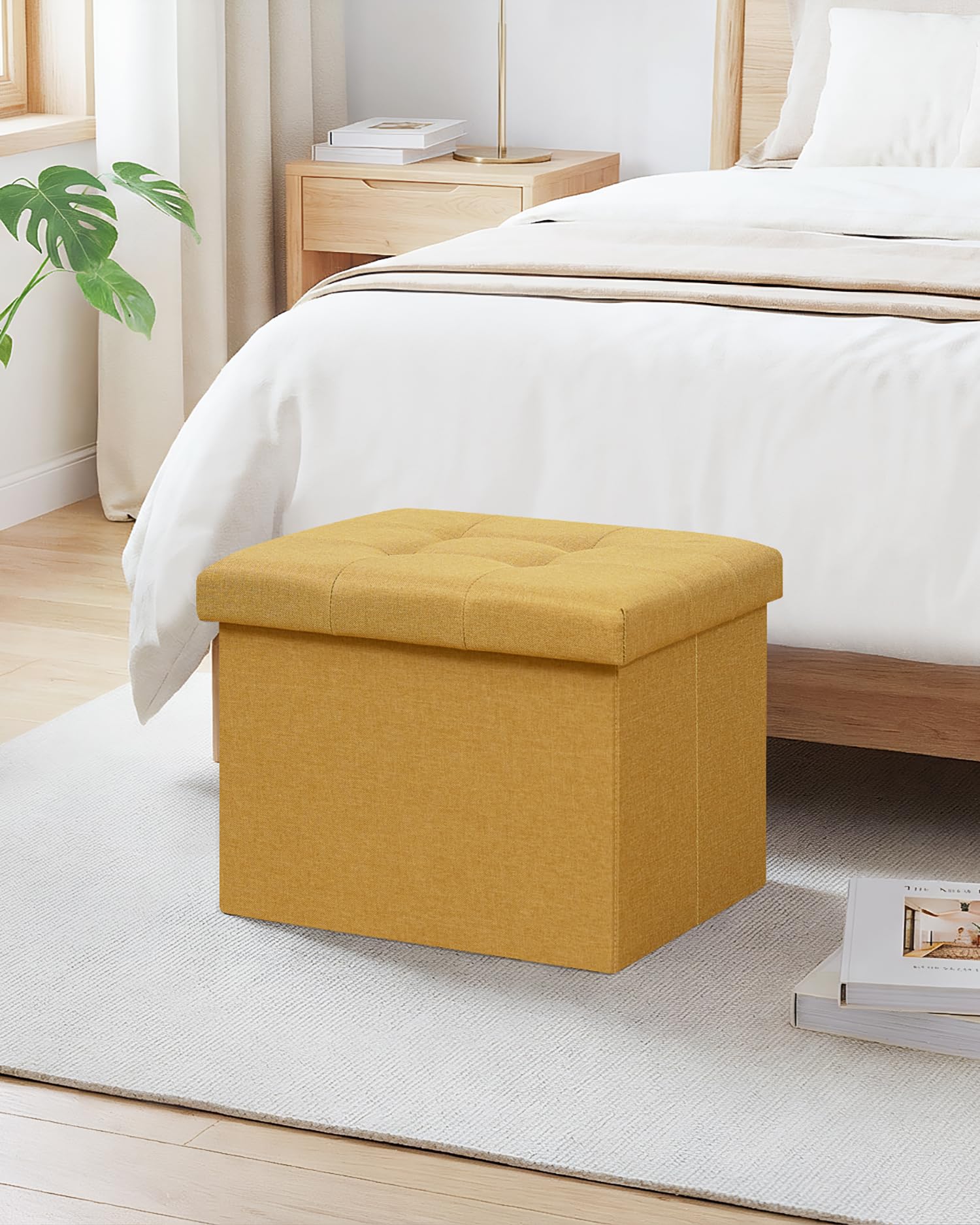 Bonlife Pouf Contenitore Panca Sgabello Contenitore, Piccoli Tavolino Salotto Lino Cubo Portaoggetti Pouf da Camera Quadrato per Soggiorno, Camera da Letto, Ingresso,42x32x32cm Zenzero