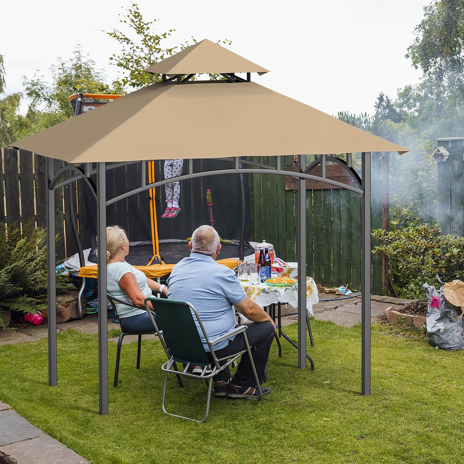 Toldo de repuesto para kiosco, 5 x 8 pies, techo de repuesto de doble nivel, cubierta de techo de barbacoa al aire libre, refugio de parrilla, color beige 7