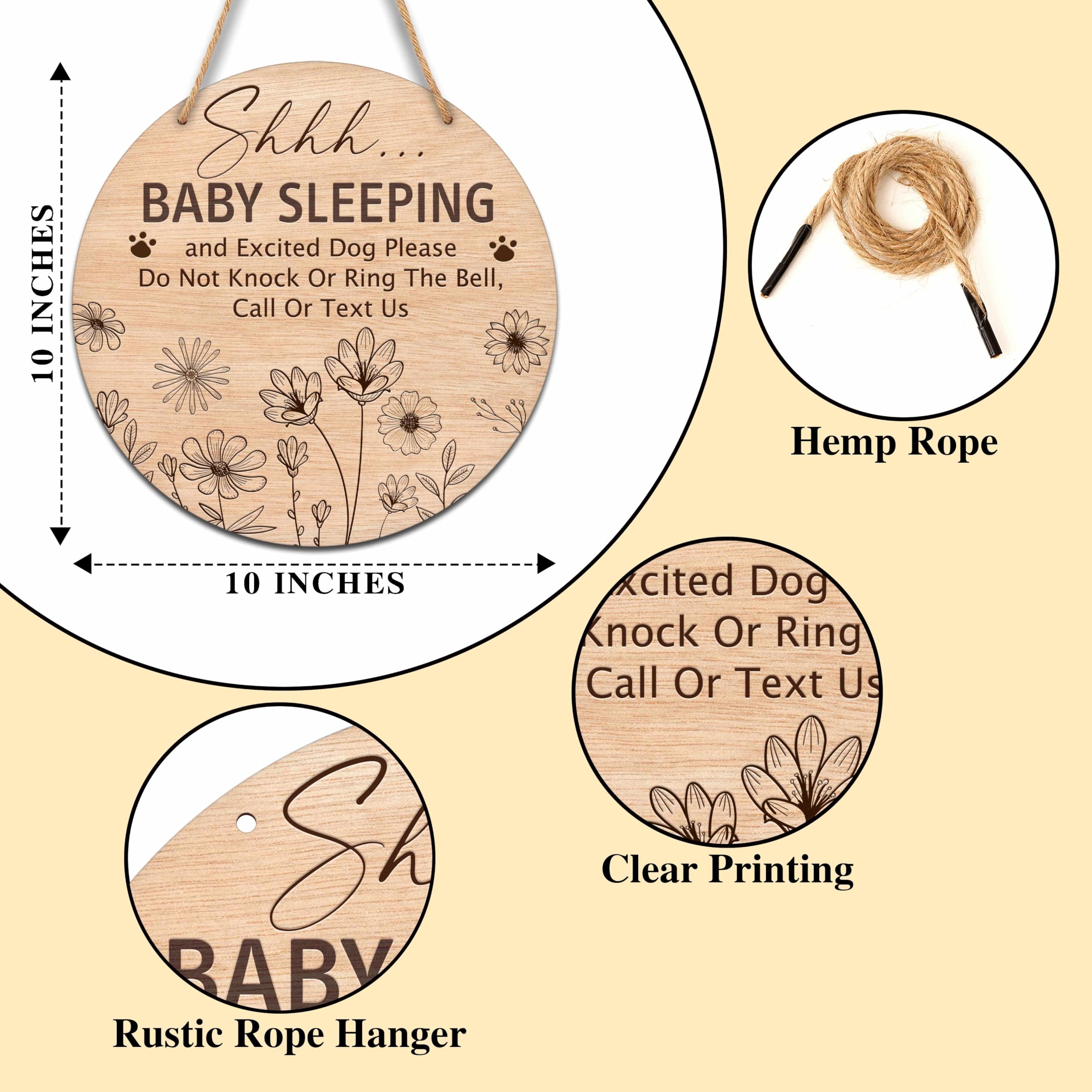 Baby Sleeping Sign For Front Door - Round Do Not Knock Wooden Hanging Sign With Rope, New Mom Gift, Rustic Nursery Decor - View #8