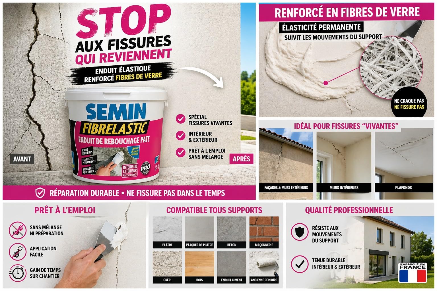 SEMIN Enduit de Rebouchage Élastique Fibrelastic- 3 X 1,5kg – Fissures Vivantes Mur & Plafond, Enduit Fibre de Verre Intérieur/Extérieur, Rebouchage Flexible Multi-Supports, Qualité Professionnelle