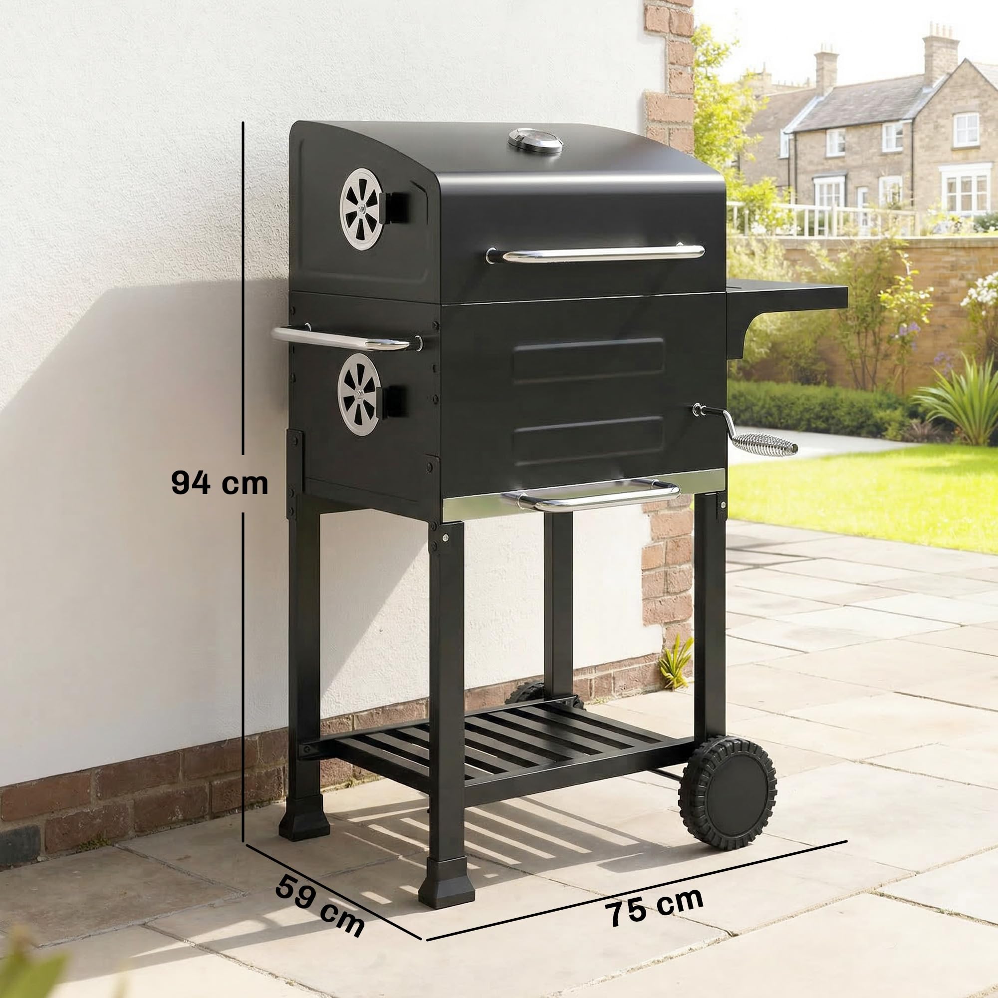 Outsunny Kompaktowy grill na węgiel drzewny z pokrywką, termometr, ruszt do grillowania, stolik boczny, komora na popiół, otwory wentylacyjne, BBQ Smoker z kółkami, grill stojący na kempingu, do