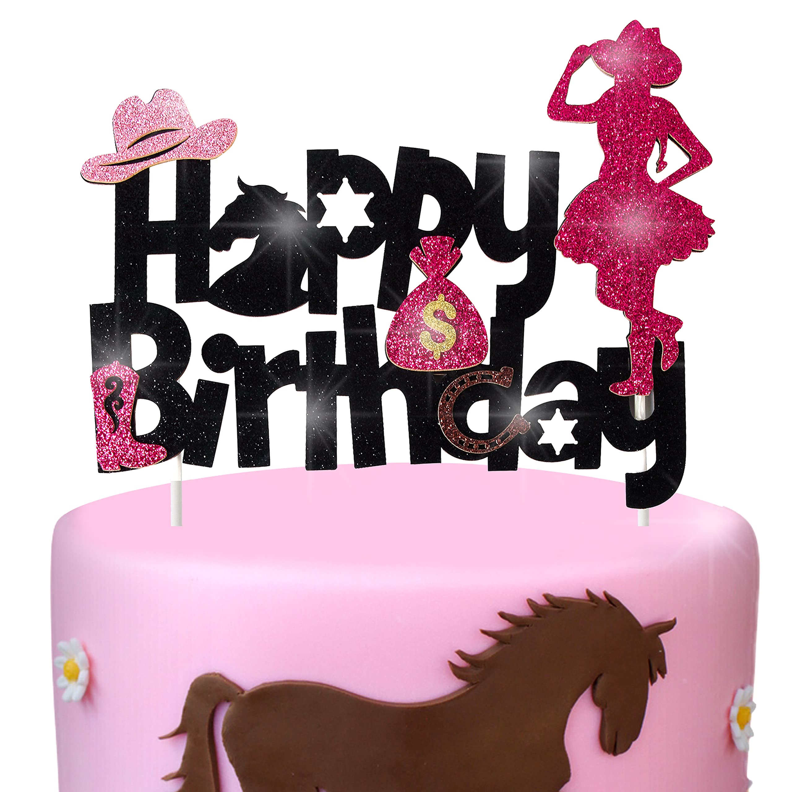 Lets Go Cowgirl Cake Topper - Glitter Western Birthday Decor, 5.6x5.4", Cowgirl Hat & Boots
