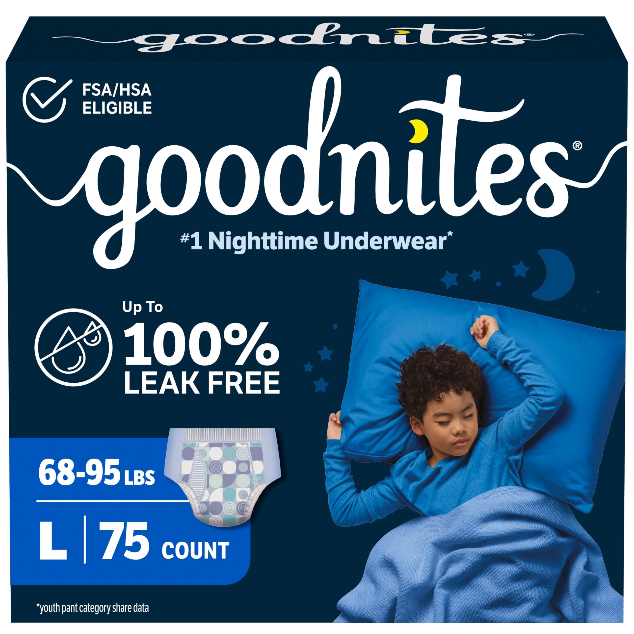 Photo 1 of Goodnites Boys' Nighttime Bedwetting Underwear, Size Large (68-95 lbs), 75 Ct (3 Packs of 25), Packaging May Vary