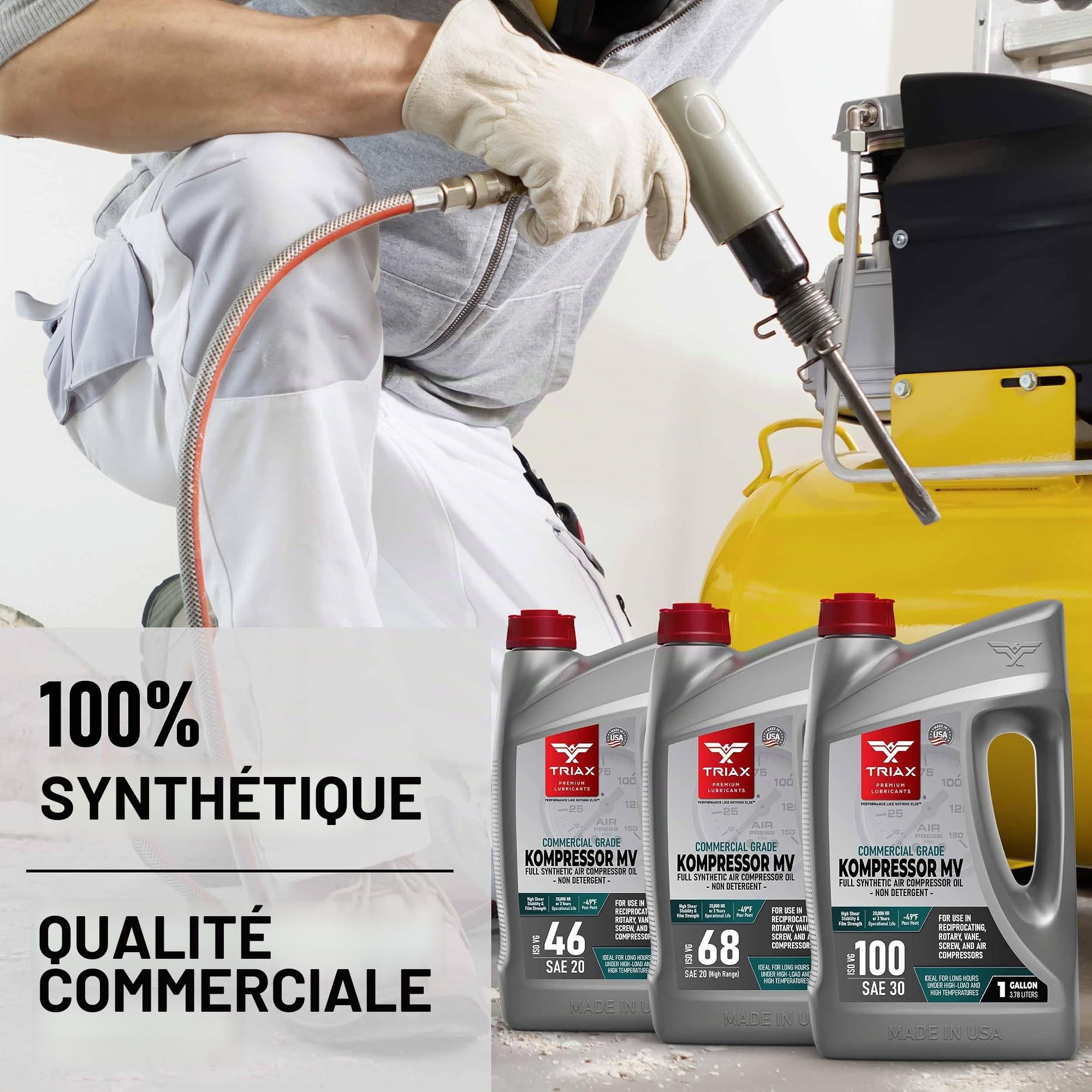 TRIAX Kompressor MV ISO 46 / SAE 20 Huile Entièrement Synthétique pour Compresseur d’Air Rotatif Palettes Vis Alternatif et Pompe à Vide Haute Température Longévité du Fluide jusqu’à 20 000 Heures