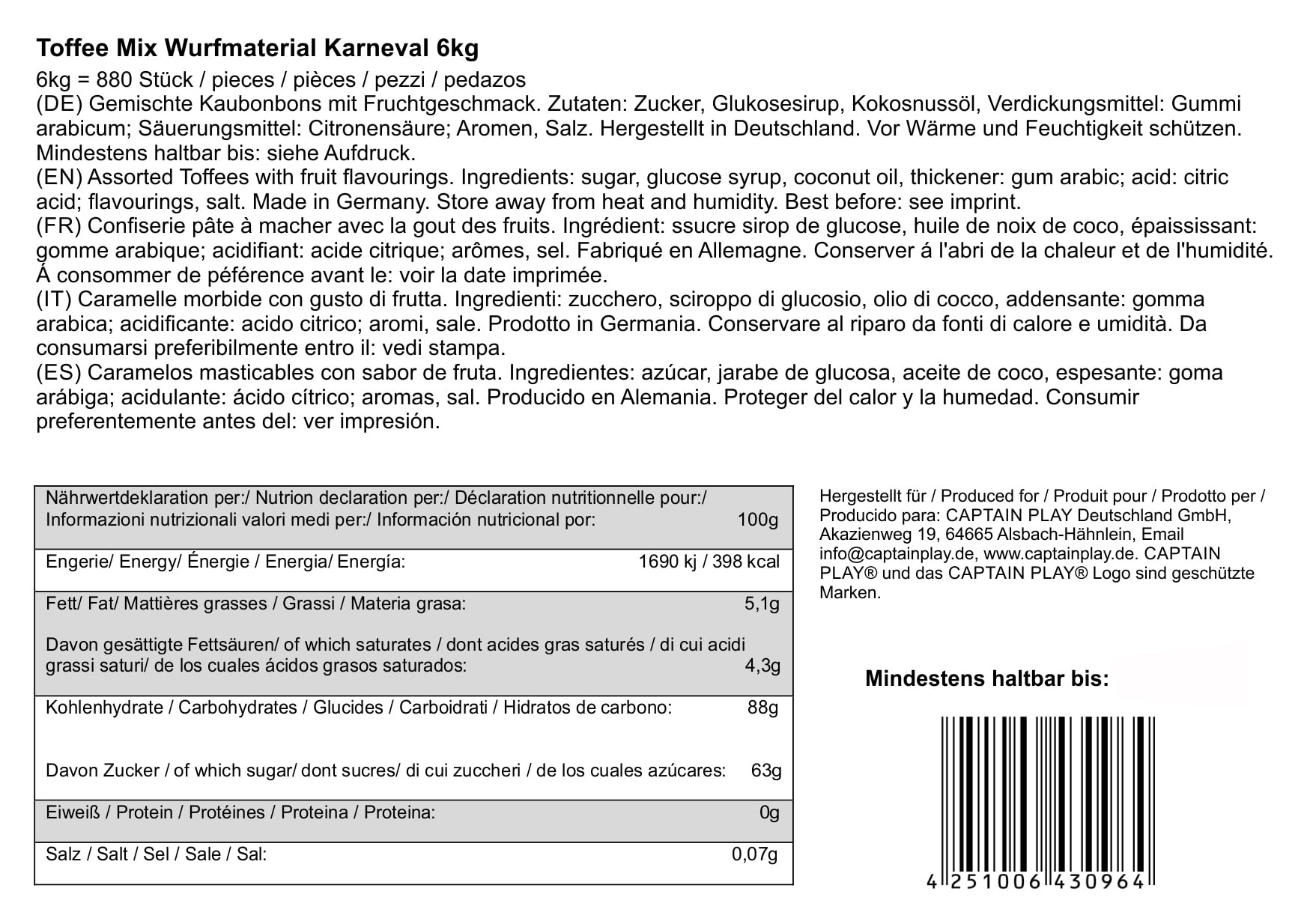 CAPTAIN PLAY Toffee Mix, 6kg Karnevals Bonbons, Wurfmaterial Karneval, Bonbons Großpackung mit ca. 880 Teilen in Einzelverpackung