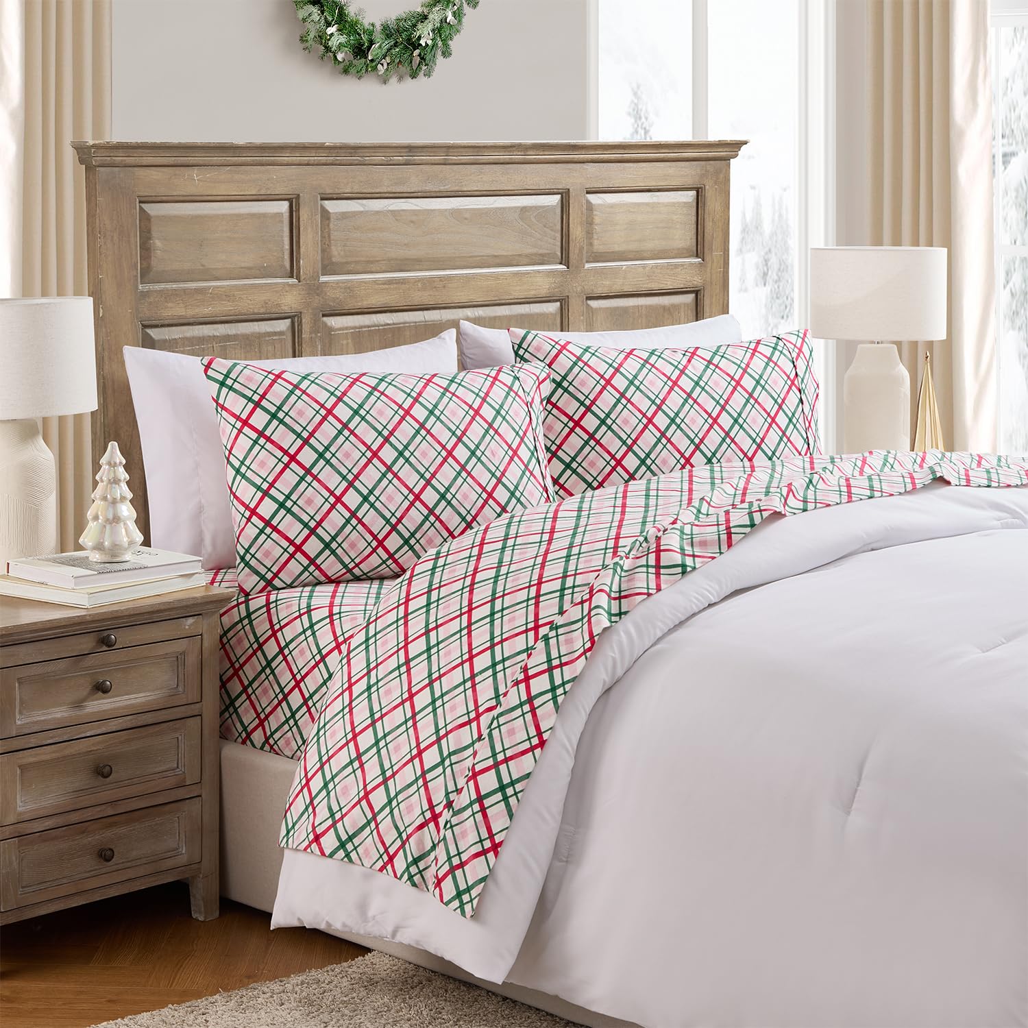 Hallmark - Holiday Sheets, 4-Piece Soft Brushed Cotton Sheet Set with Matching Pillowcase (Joy to the World Plaid Multi, Full)