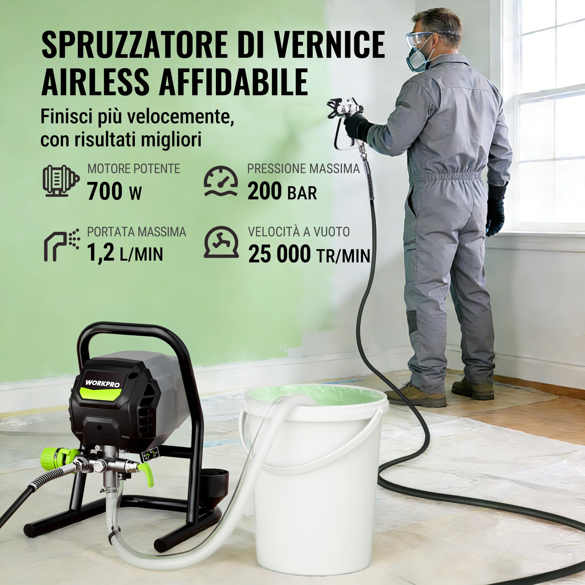 WORKPRO Airless Spruzzatore Vernice da 700W, Spruzzatore Professionale con 3 Impostazioni di Pressione Regolabili, Perfetto per Interni ed Esterni, Portata 1,2 l/min, Pressione Max 200 Bar
