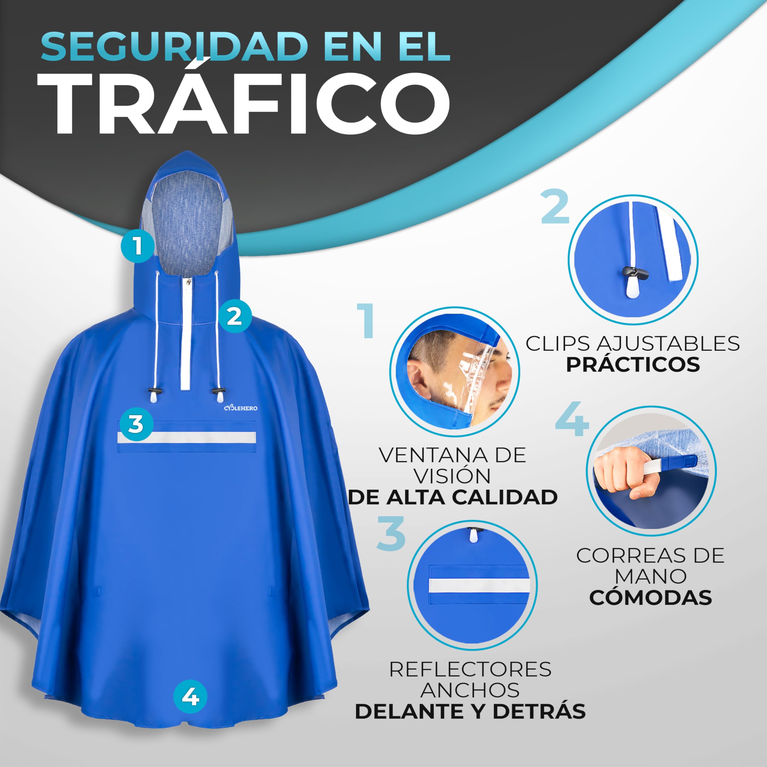 Poncho para lluvia para bicicleta prémium con capucha, incluye apertura para ver, para hombre y mujer, incluye rayas reflectantes, impermeable, color azul, tamaño large