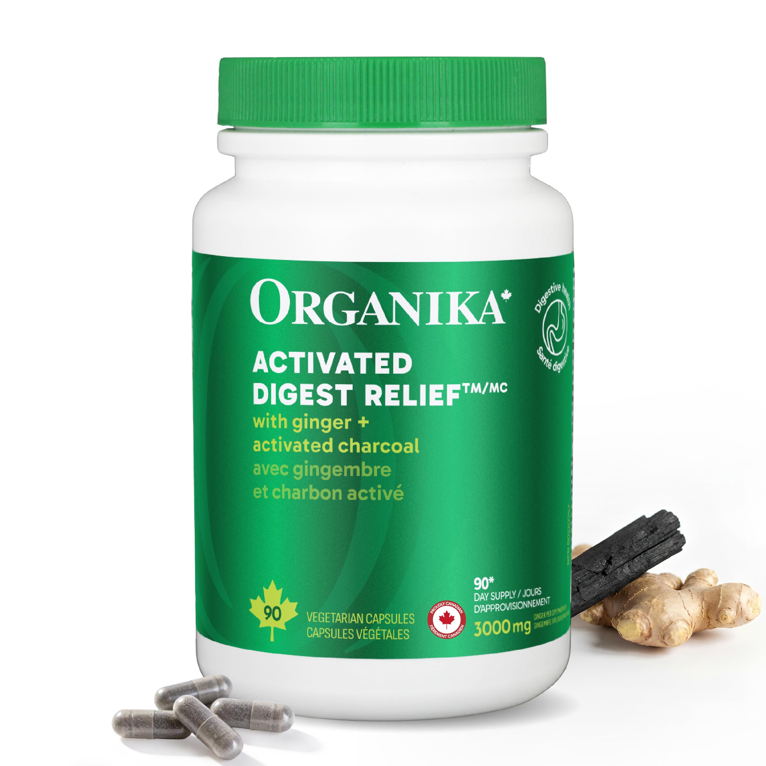 Organika Canadian-Made Digest Relief- with Ginger and Activated Charcoal- Relief for Digestive Upset, 90 Count (Pack of 1)