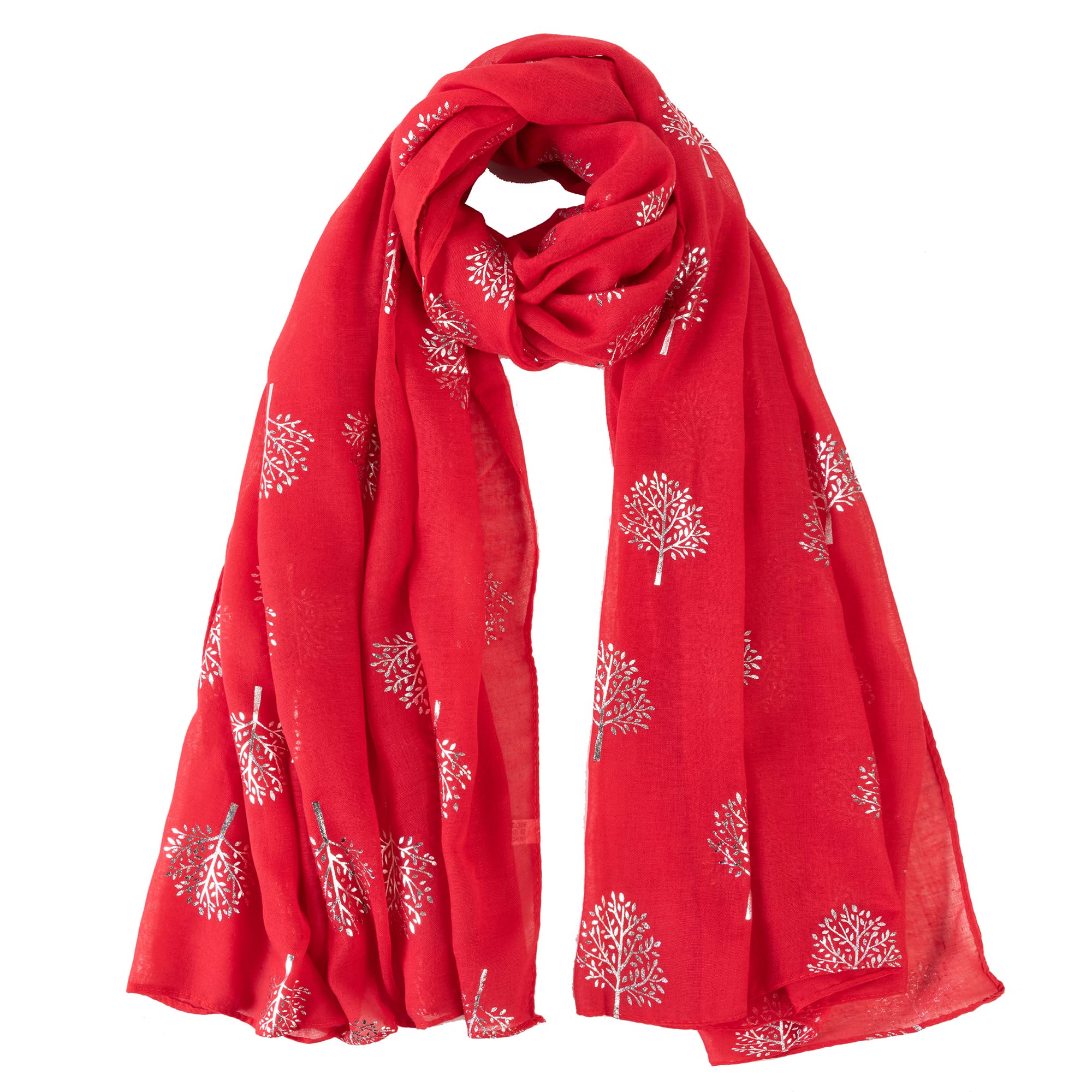 London Scarfs Women's Red Glitter Mulberry Trees Scarf Foil Printed Tree Fashion Wrap (Red)