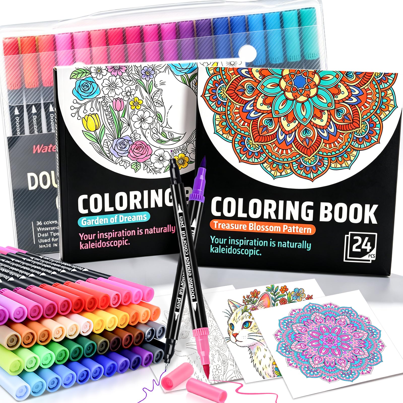 DUULEMANG Adult Colouring Book Set, 2 Adult Relaxation Colouring Books with 48 Patterns & 36 Dual Tip Markers, Anxiety Management and Mindfulness Gift Idea