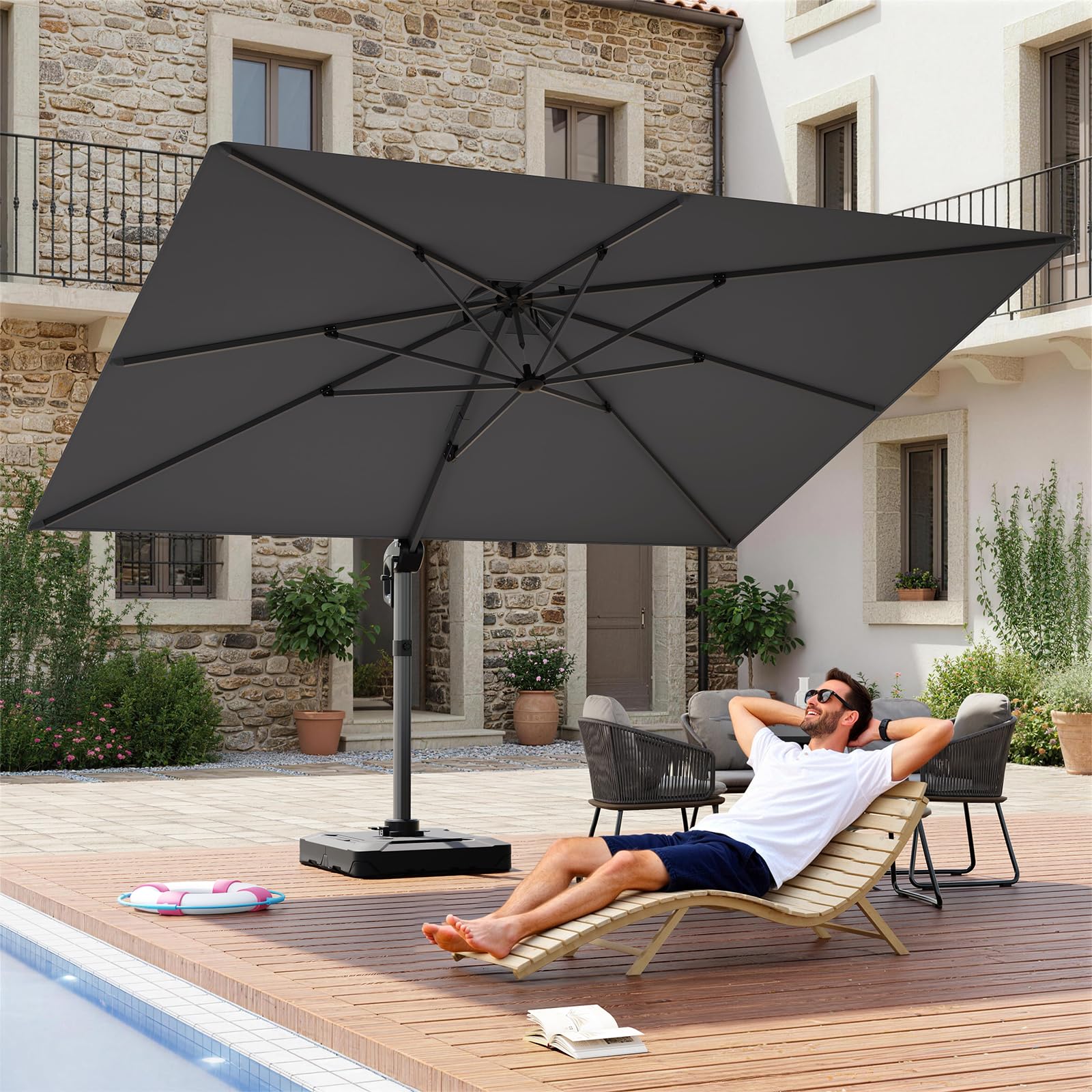 UDPATIO Sonnenschirm 400 x 300 cm Rechteckig mit Ständer, Ampelschirm Groß Aluminium, Marktschirm - Doppeldach, Gartenschirm 360° mit Kurbel, Balkonschirm, Sonnenschutz UV50+, (Grau Wasserdicht)