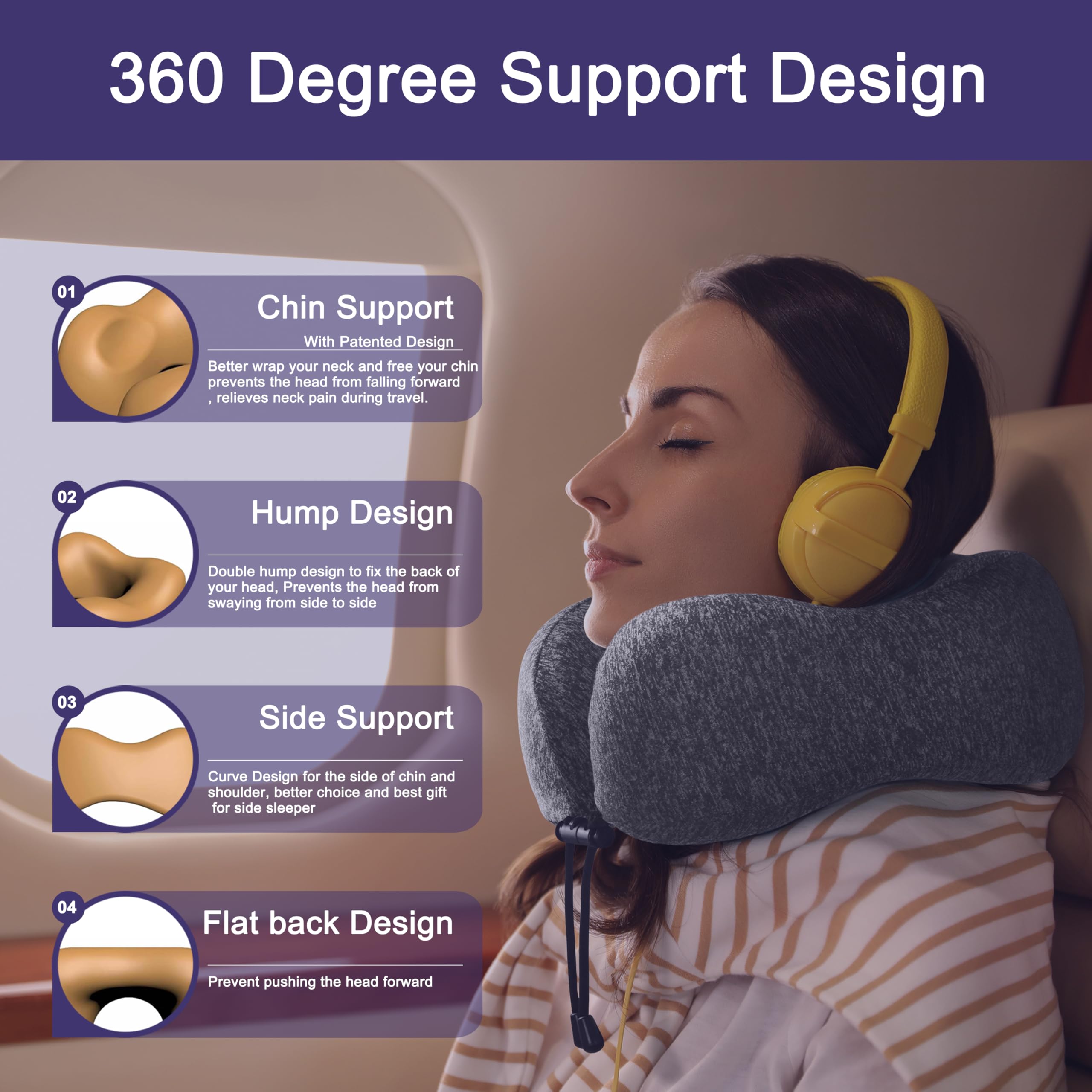 napfun Neck Pillow for Travel, Memory Foam Airplane Pillow, Full Grey view 3